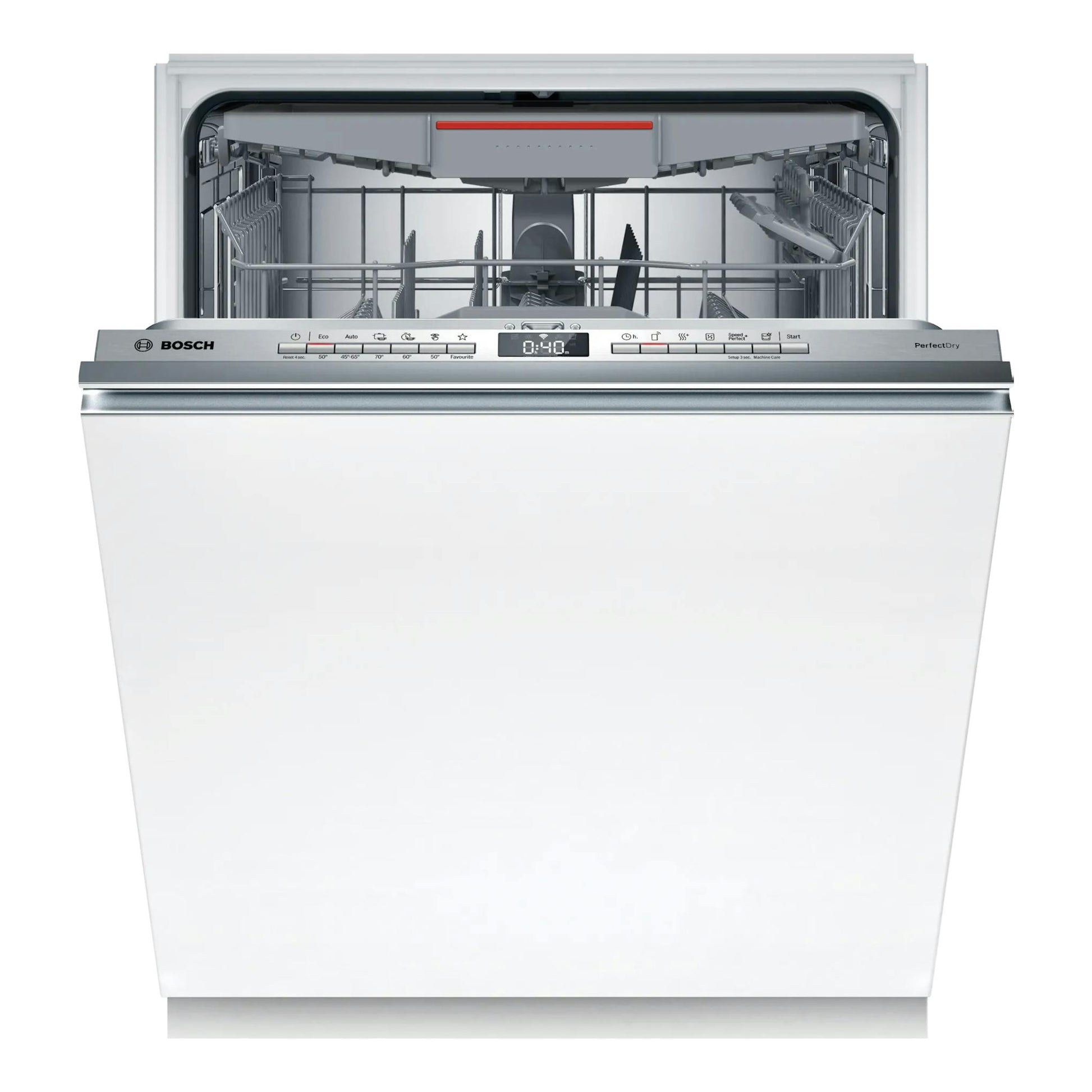 Lavavajillas integrable Bosch SMH6YCX02E, vista frontal abierta, panel blanco e interior gris.