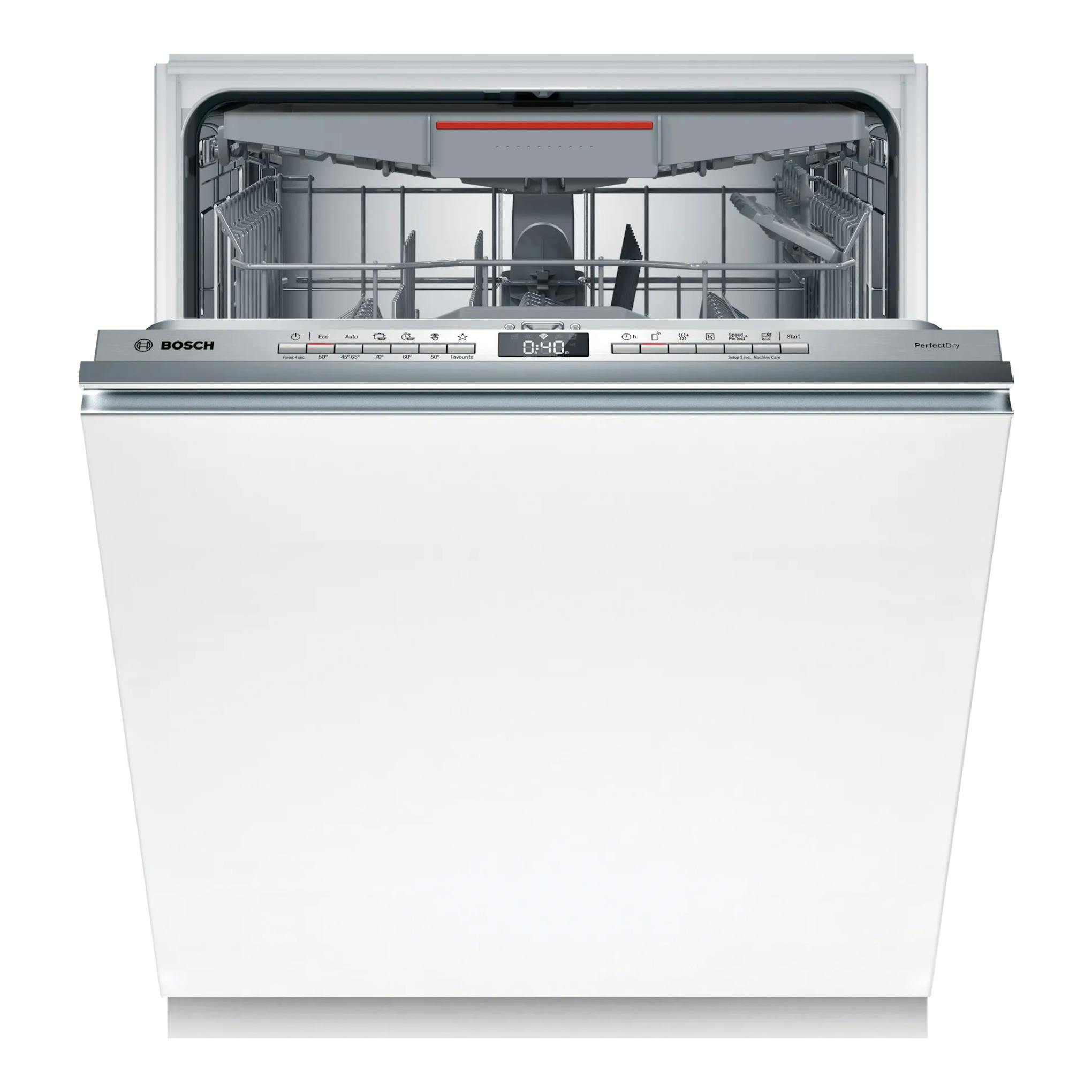 Lavavajillas integrable Bosch SMH6YCX02E, vista frontal abierta, panel blanco e interior gris.