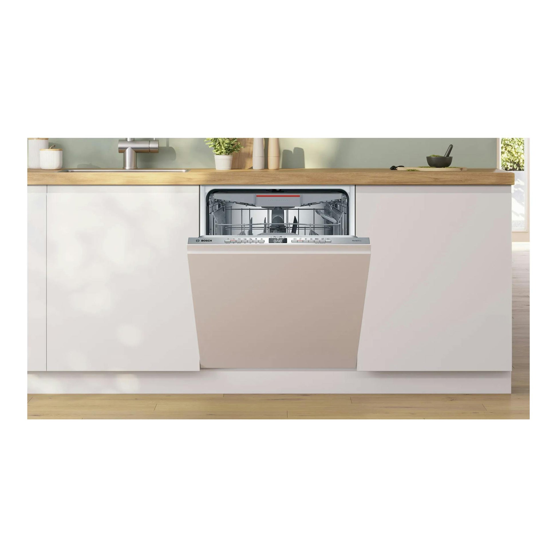 Lavavajillas integrable Bosch SMH6YCX02E, puerta abierta, vista frontal en cocina blanca.