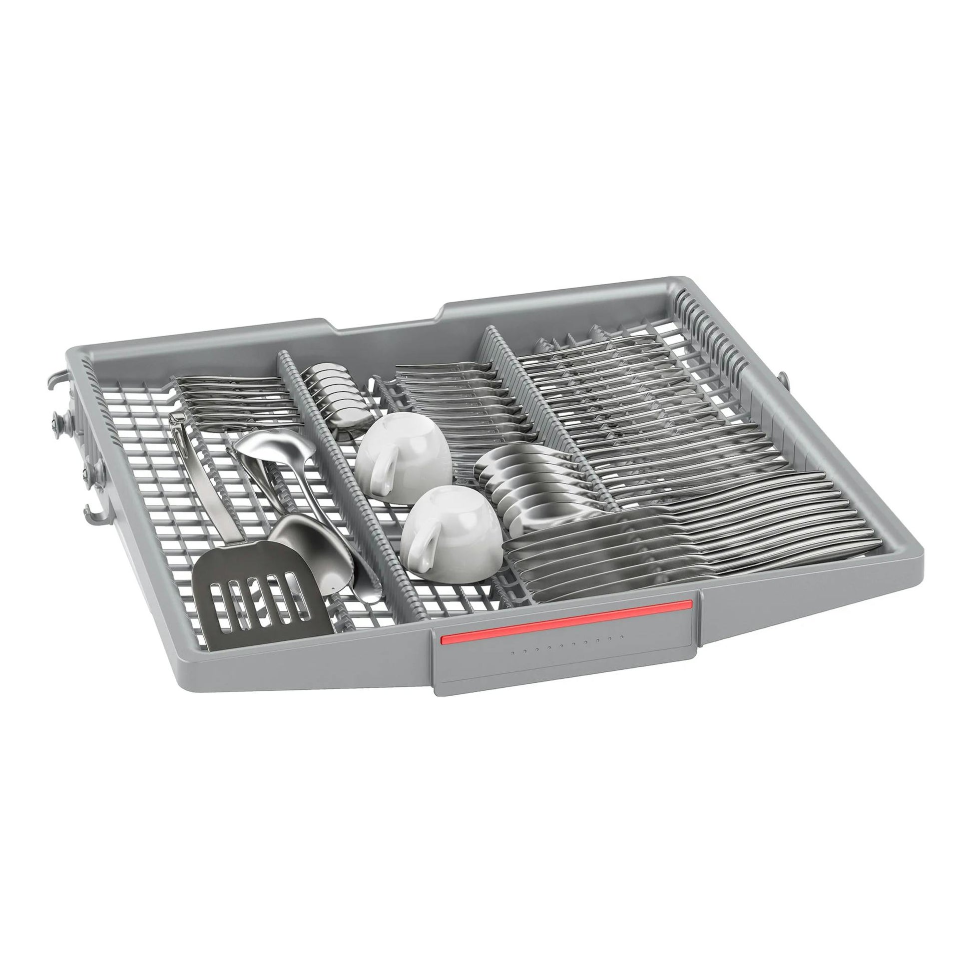 Bosch SMH6YCX02E: bandeja superior gris para cubiertos, con cucharas, tenedores y cuchillos, vista frontal.
