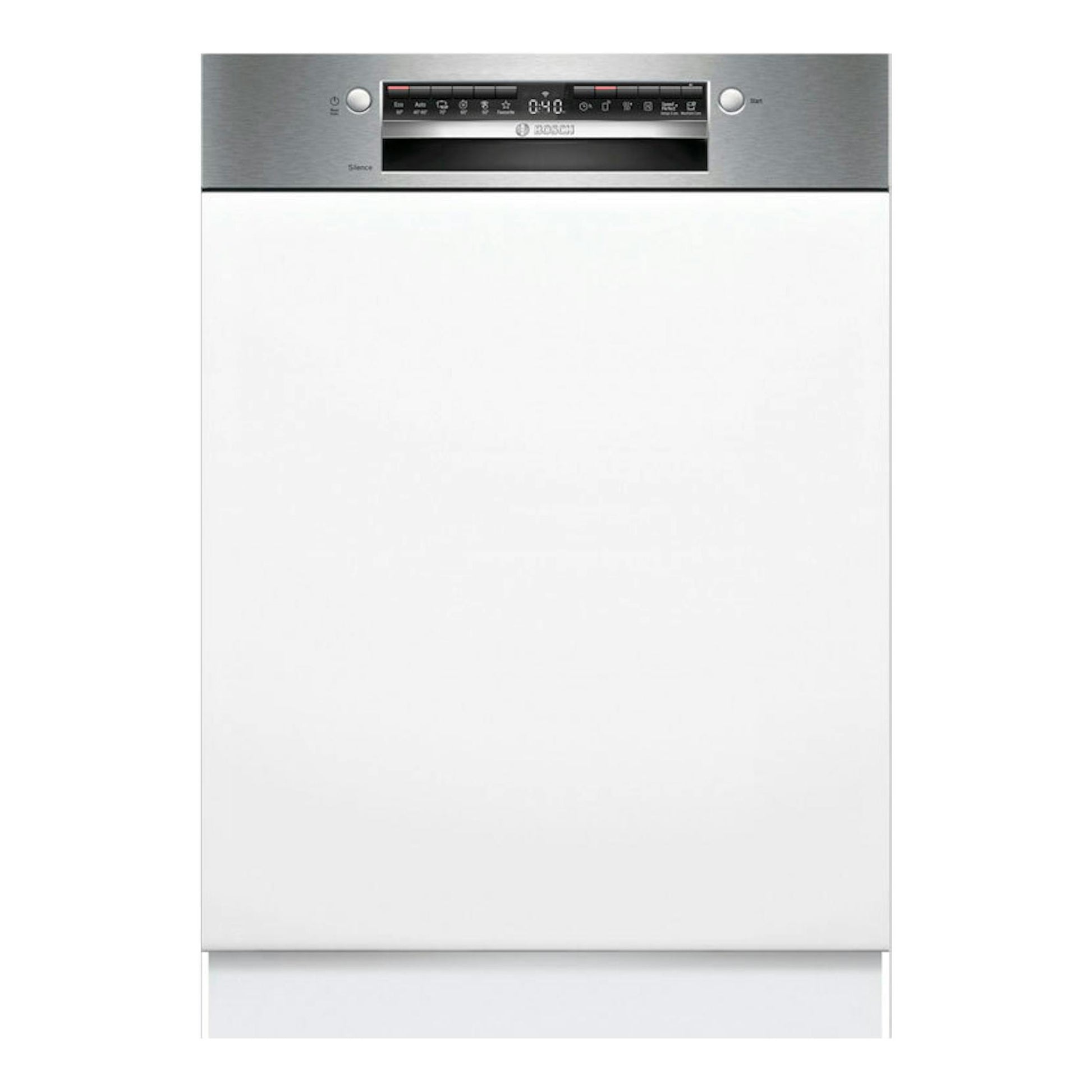 Lavavajillas Bosch SMI4HVS14E integrado, vista frontal, panel blanco con mando superior en acero inoxidable.