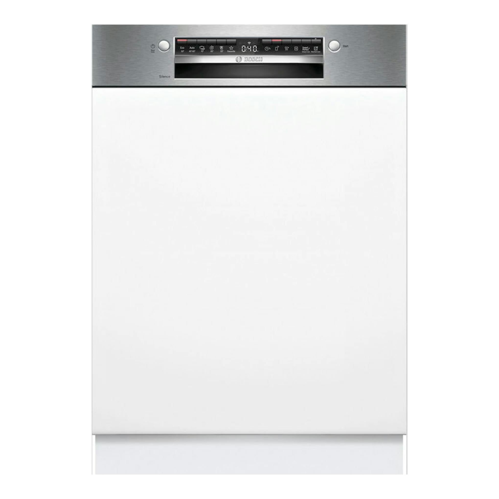 Lavavajillas Bosch SMI4HVS14E integrado, vista frontal, panel blanco con mando superior en acero inoxidable.