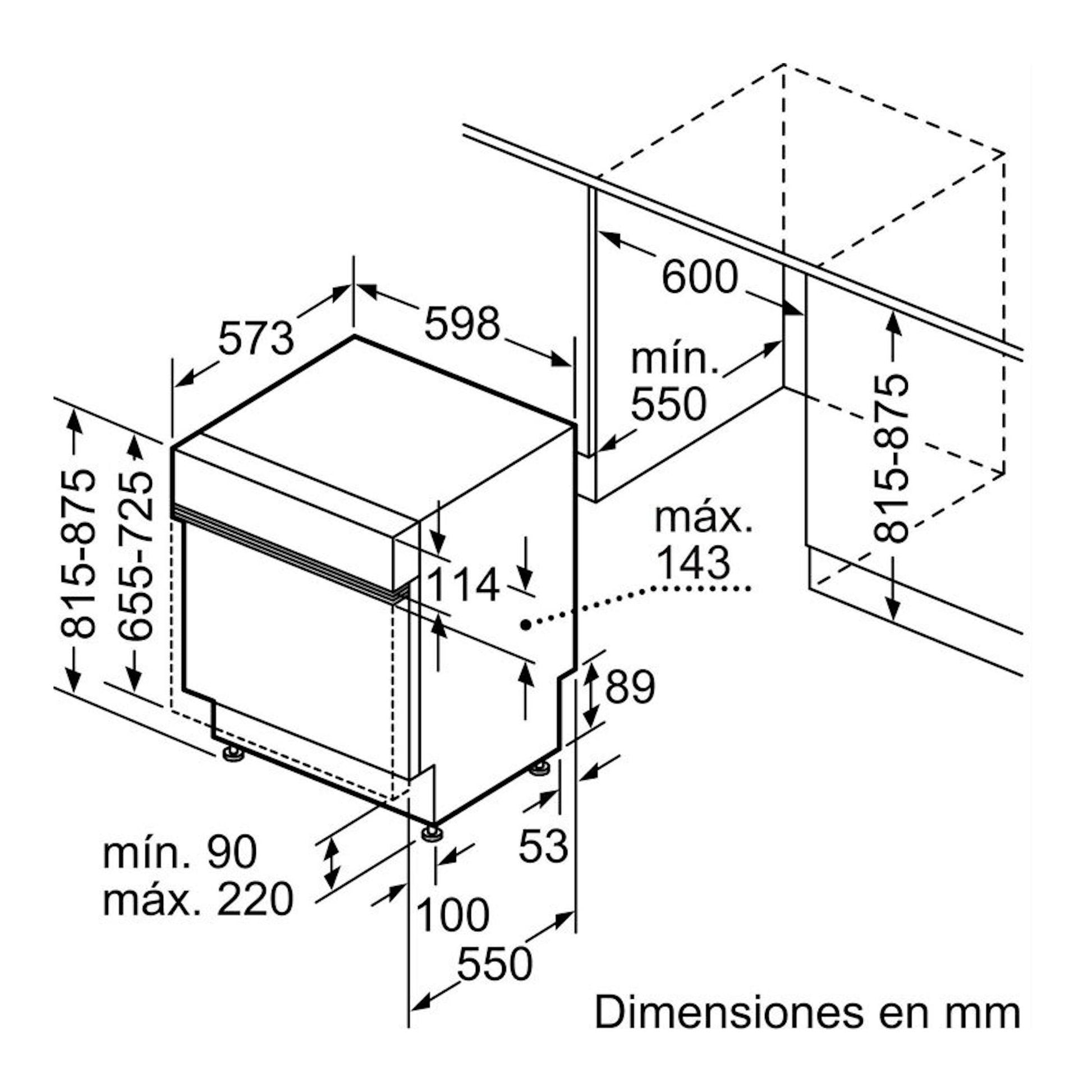 Diagrama técnico de instalación del lavavajillas Bosch SMI4HVS14E 60 cm con medidas en mm.