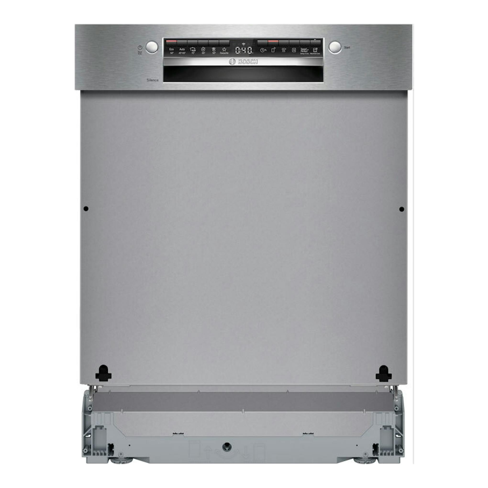 Lavavajillas Bosch SMI4HVS14E integrable de 60 cm, vista frontal, acabado en acero inoxidable.