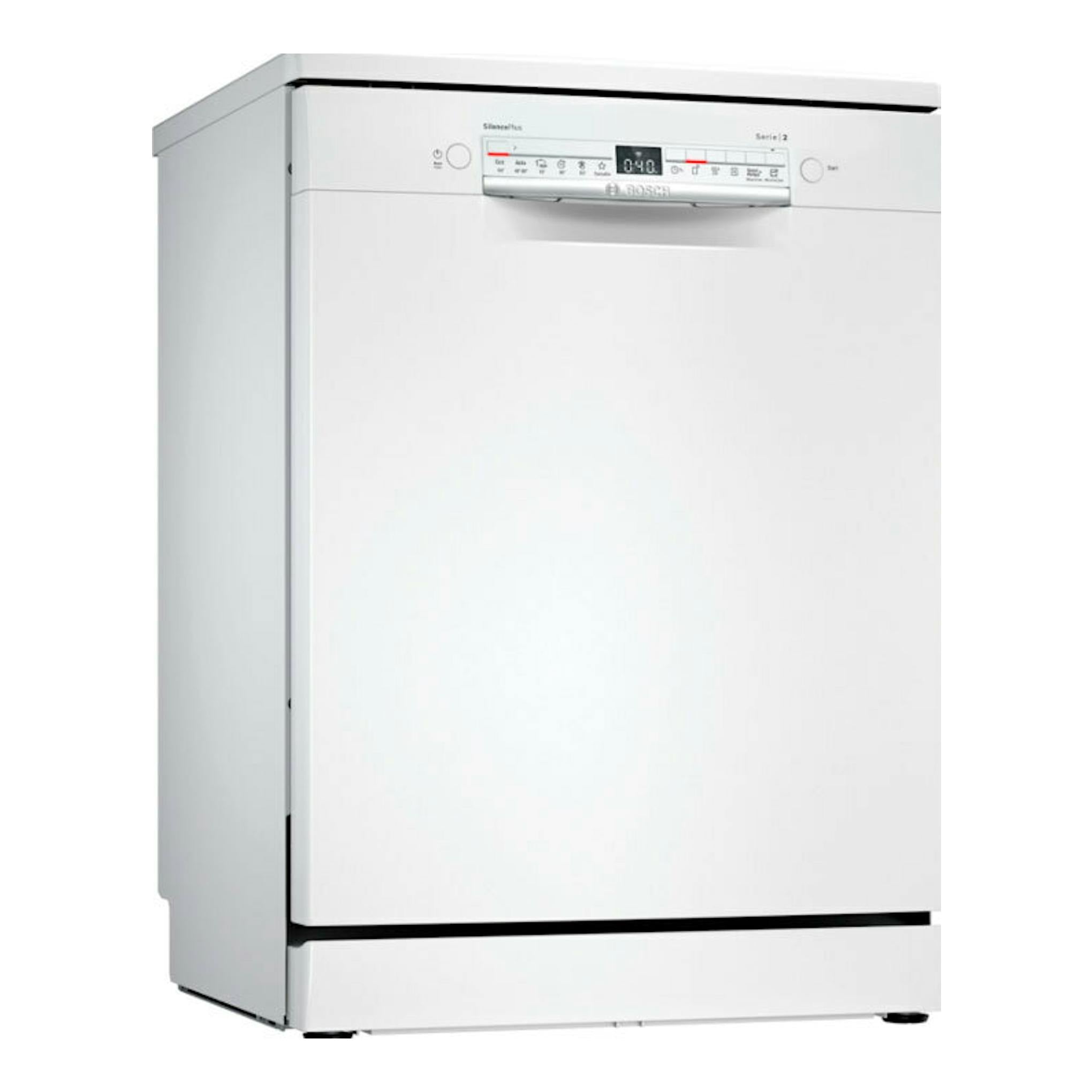 Lavavajillas Bosch SMS2HMW04E blanco, vista frontal en ángulo, con panel de control superior.