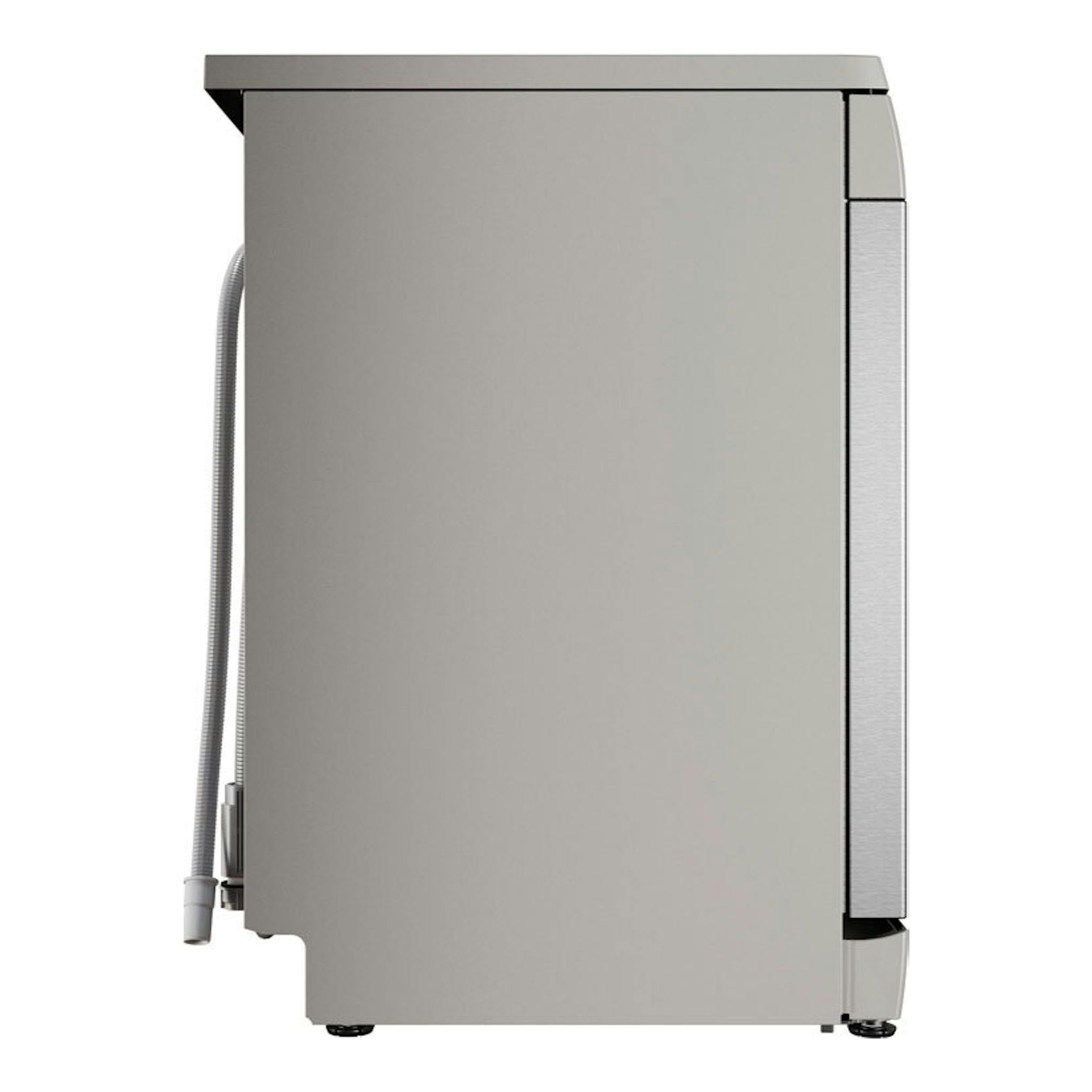Lavavajillas Bosch SMS2HTI06E de 60 cm, vista lateral, acabado inox, con manguera visible.