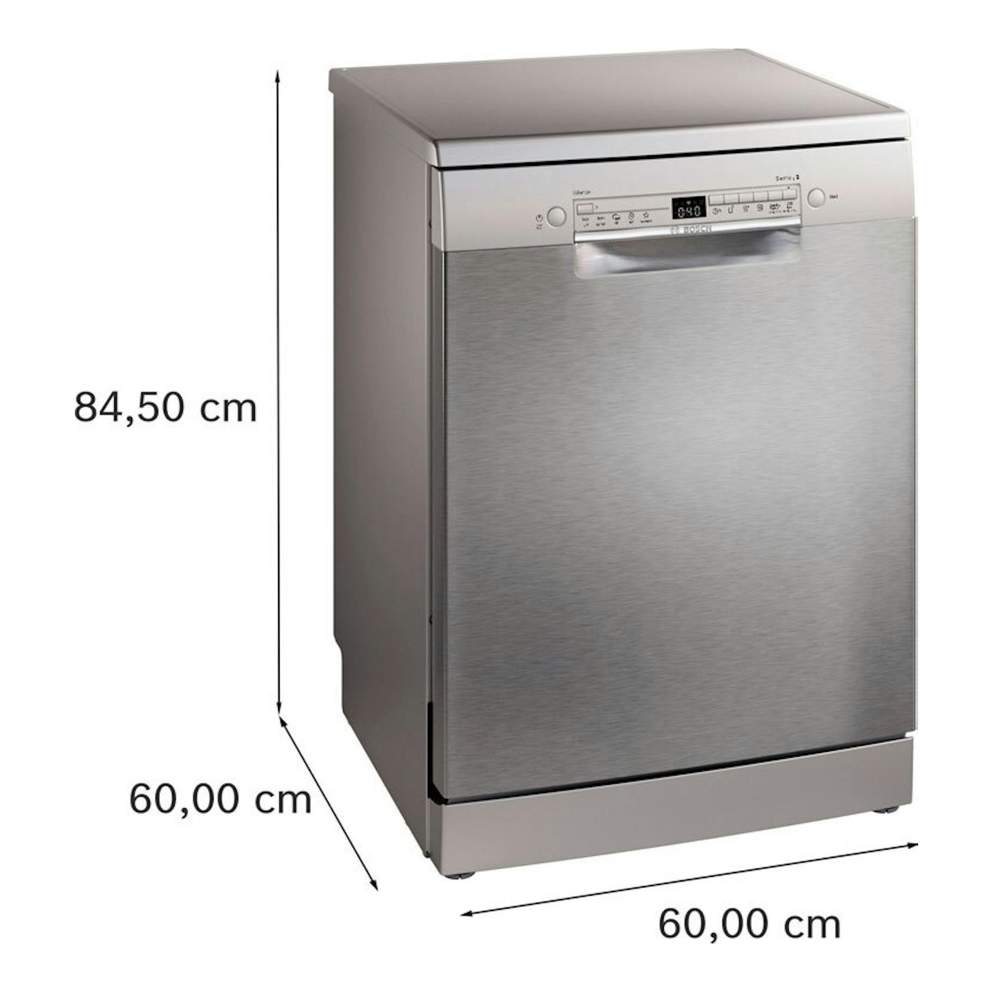 Lavavajillas Bosch SMS2HTI06E de acero inoxidable, vista frontal en ángulo, 84,5 x 60 x 60 cm.