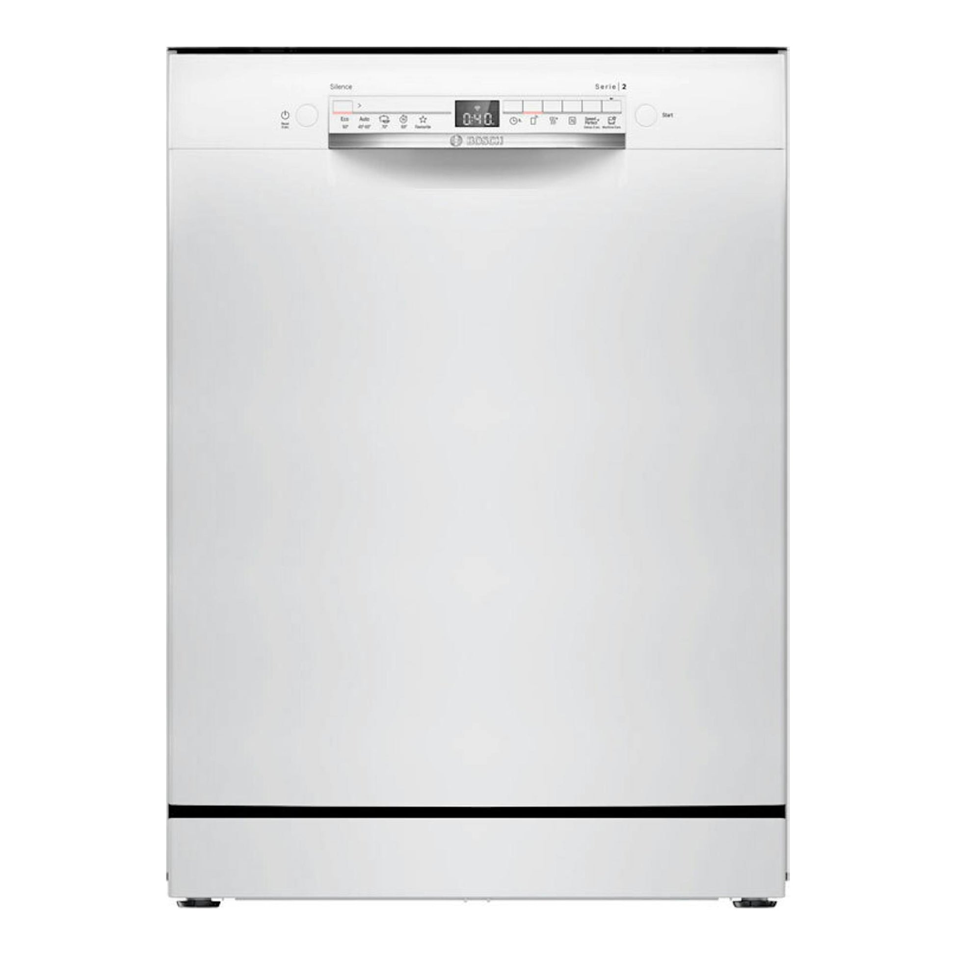 Lavavajillas Bosch SMS2HTW06E blanco, vista frontal, con panel de control superior y pantalla central.