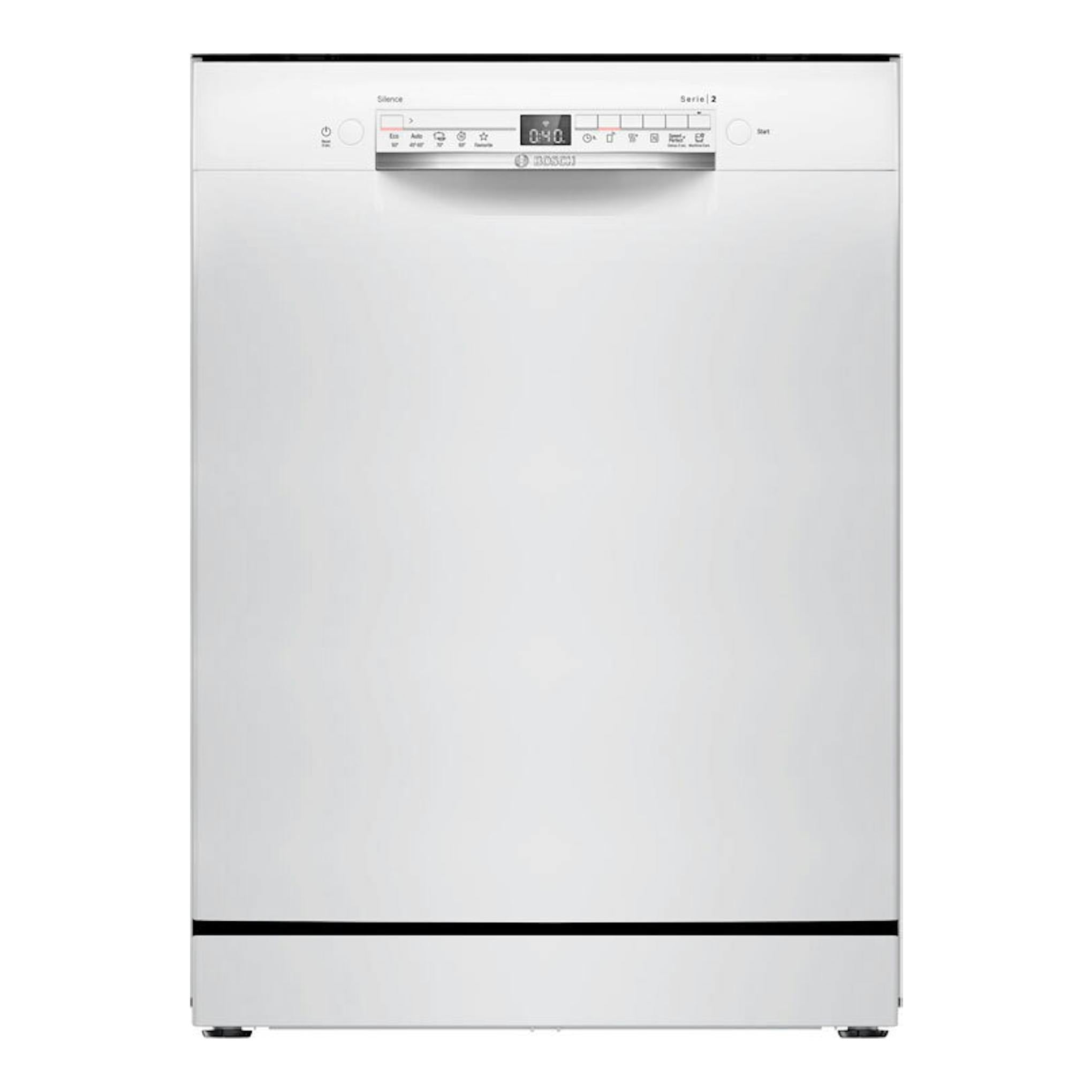 Lavavajillas Bosch SMS2HTW06E blanco, vista frontal, con panel de control superior y pantalla central.
