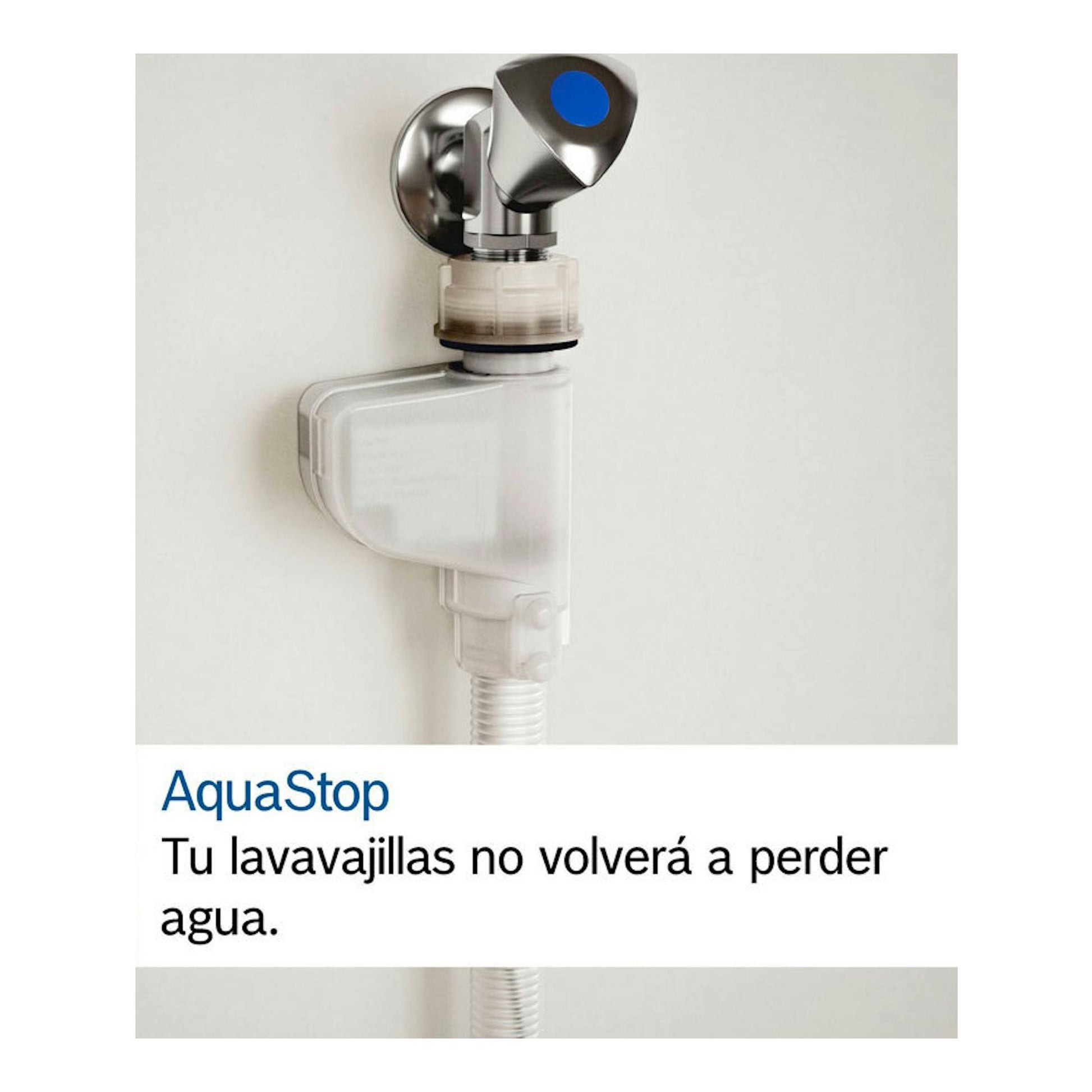 Bosch SMS2HTW06E con AquaStop: válvula y manguera blancas, vista frontal sobre fondo claro.