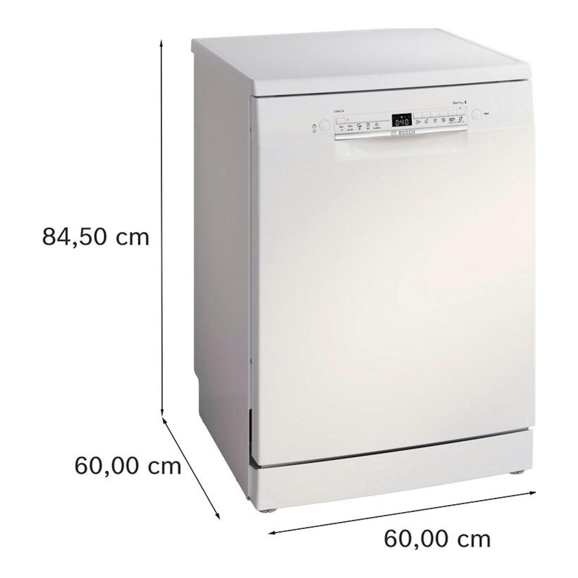 Lavavajillas Bosch SMS2HTW06E blanco, vista frontal en 3/4, con medidas 84,5 x 60 x 60 cm.
