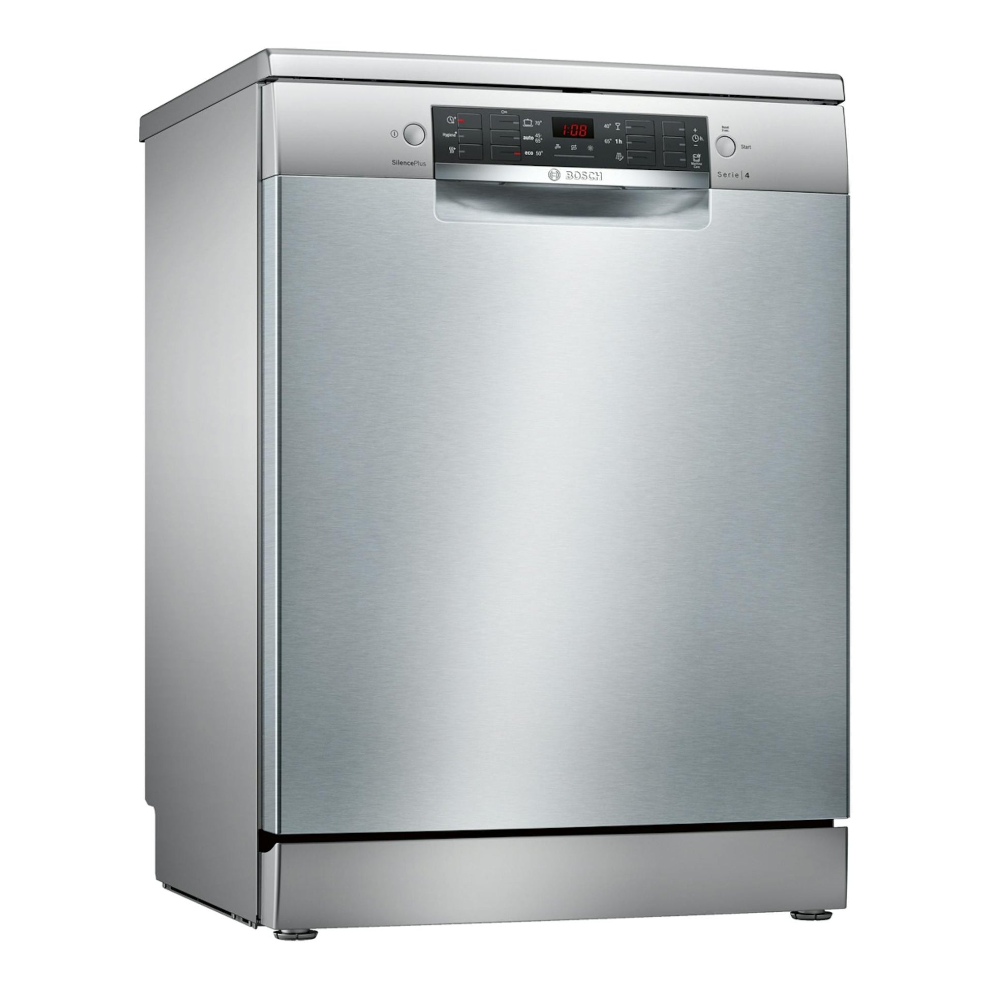 Lavavajillas Bosch SMS46KI01E de libre instalación, acero inox, vista frontal en ángulo.