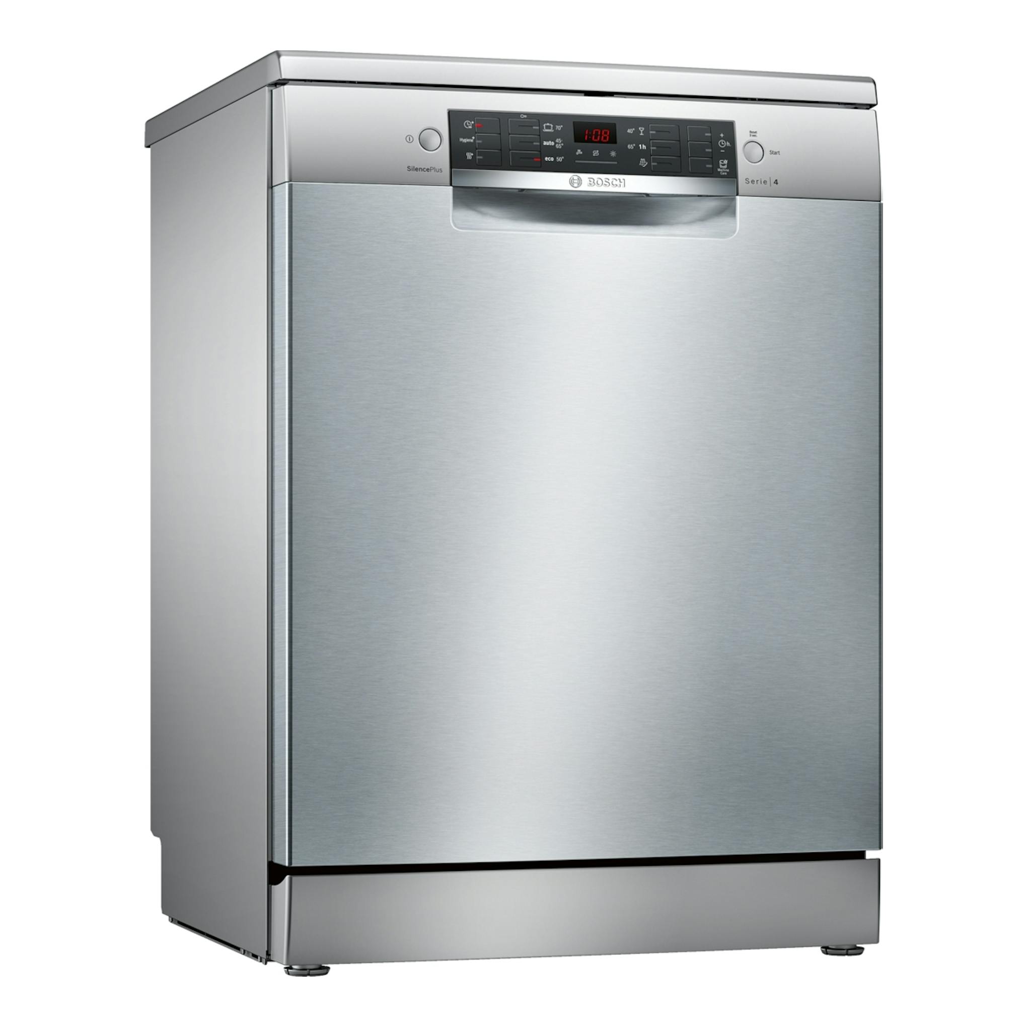Lavavajillas Bosch SMS46KI01E de libre instalación, acero inox, vista frontal en ángulo.
