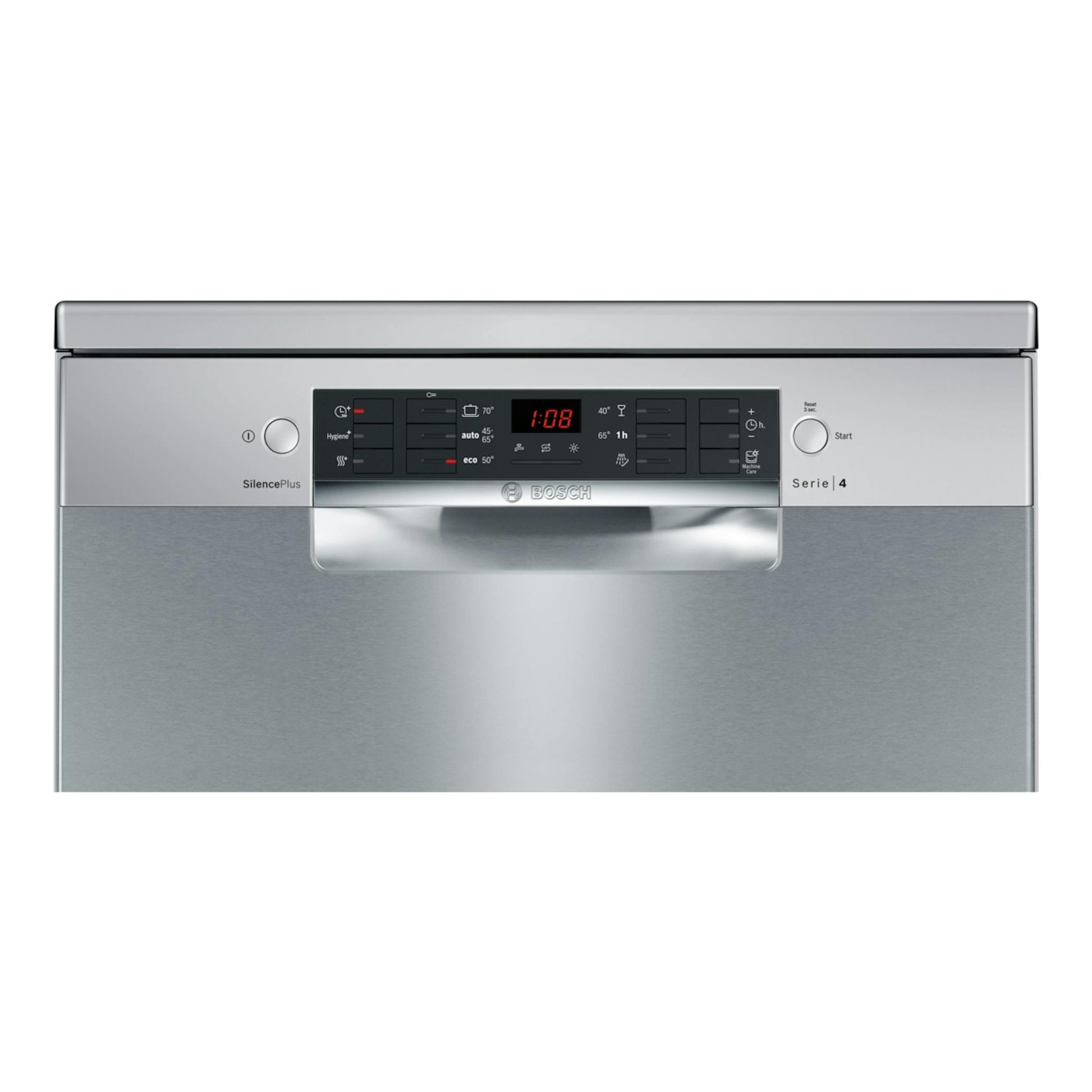 Lavavajillas Bosch SMS46KI01E inox, vista frontal, panel superior con display y puerta de acero.