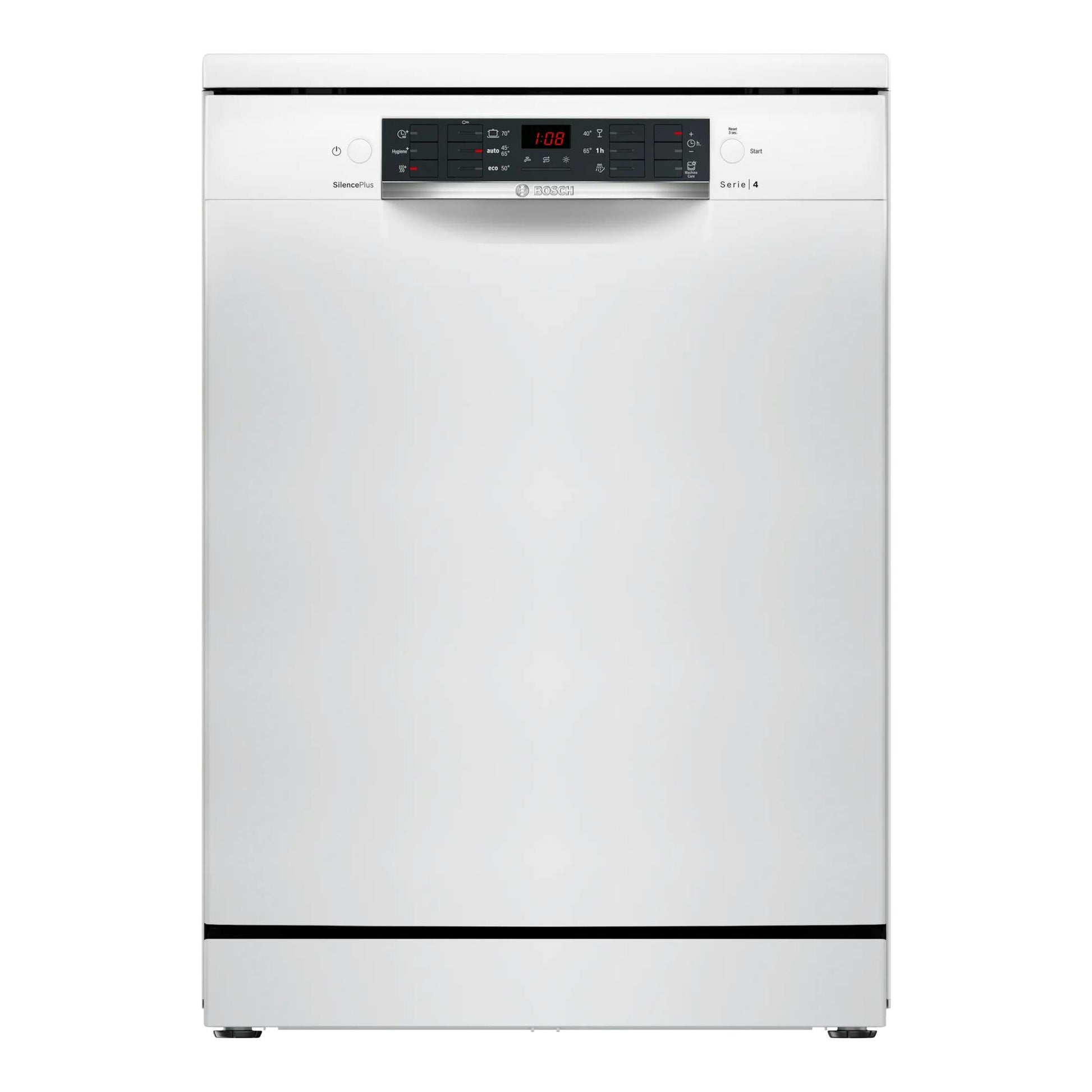 Lavavajillas Bosch SMS46KW02E blanco, vista frontal, con panel de control superior y display central.