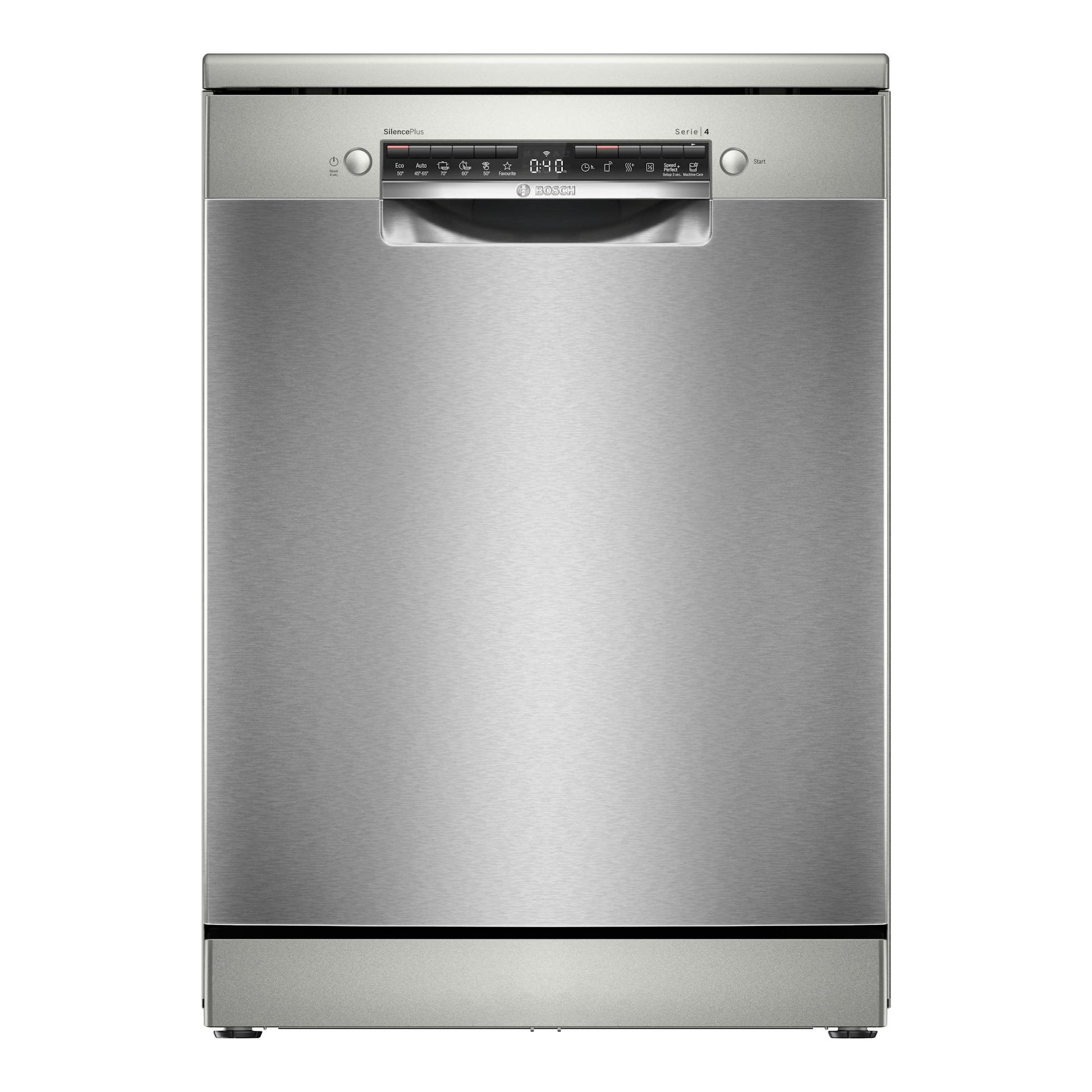 Lavavajillas Bosch Serie 4 SMS4ECI28E, vista frontal en acero inoxidable.