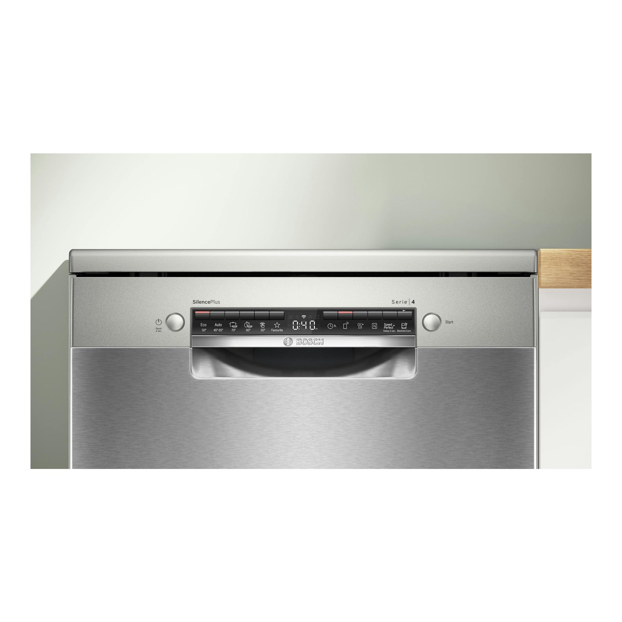 Lavavajillas Bosch Serie 4 SMS4ECI28E de acero inoxidable, vista frontal.