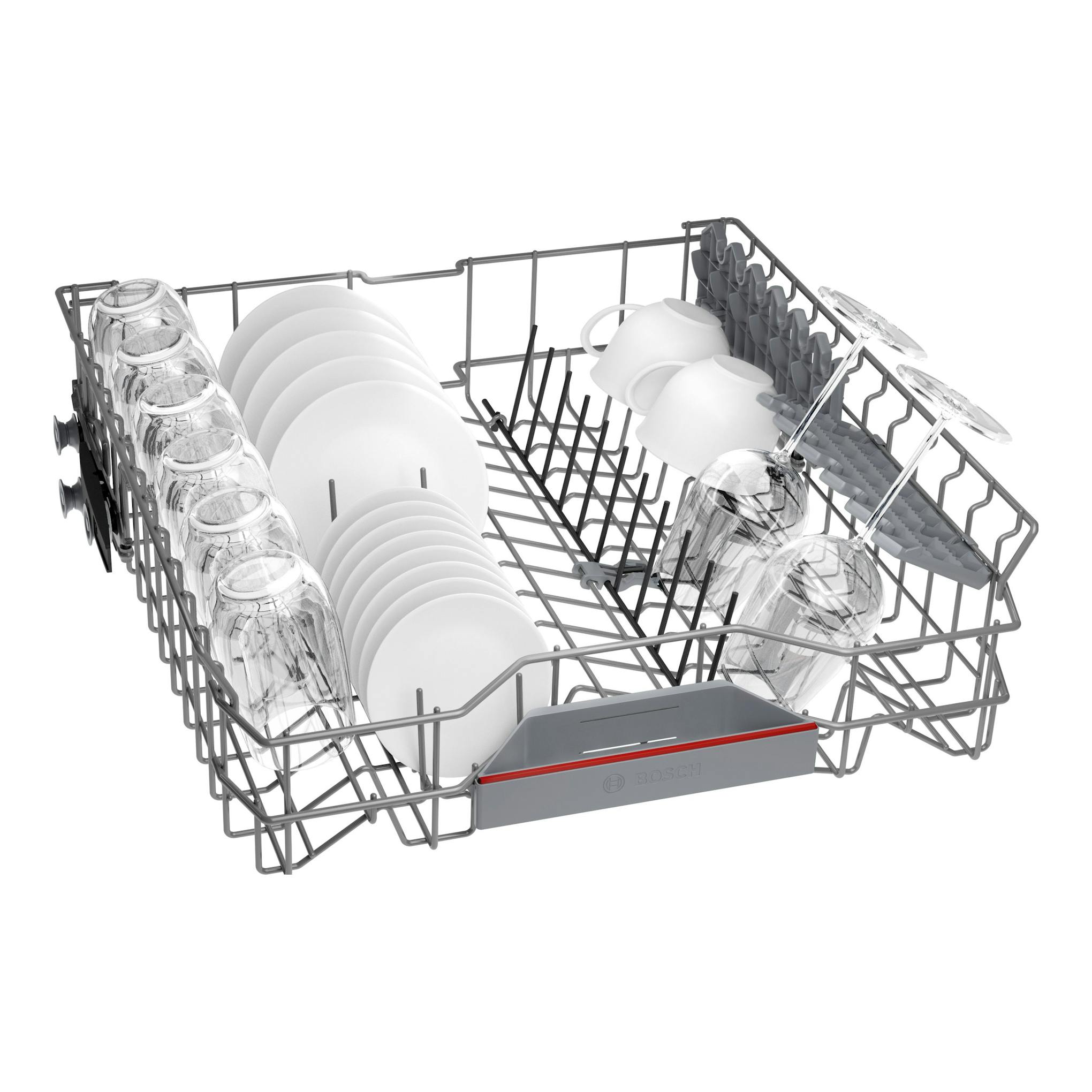 Cesta superior de lavavajillas Bosch SMS4ECI28E con platos, vasos y tazas, vista en perspectiva.