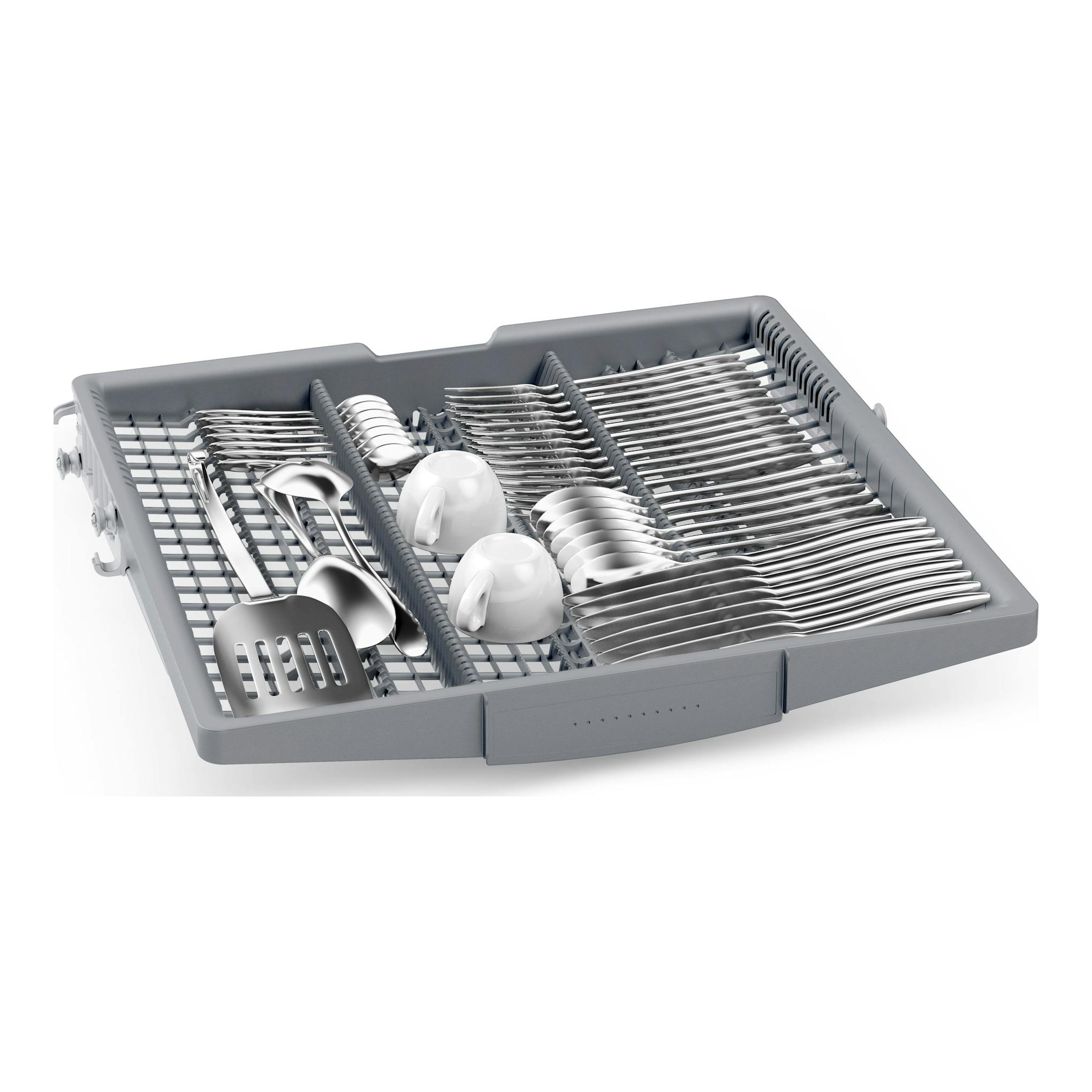 Vista superior de cesta de cubiertos gris de lavavajillas Bosch SMS4ECI28E con cucharas, tenedores y tazas blancas.