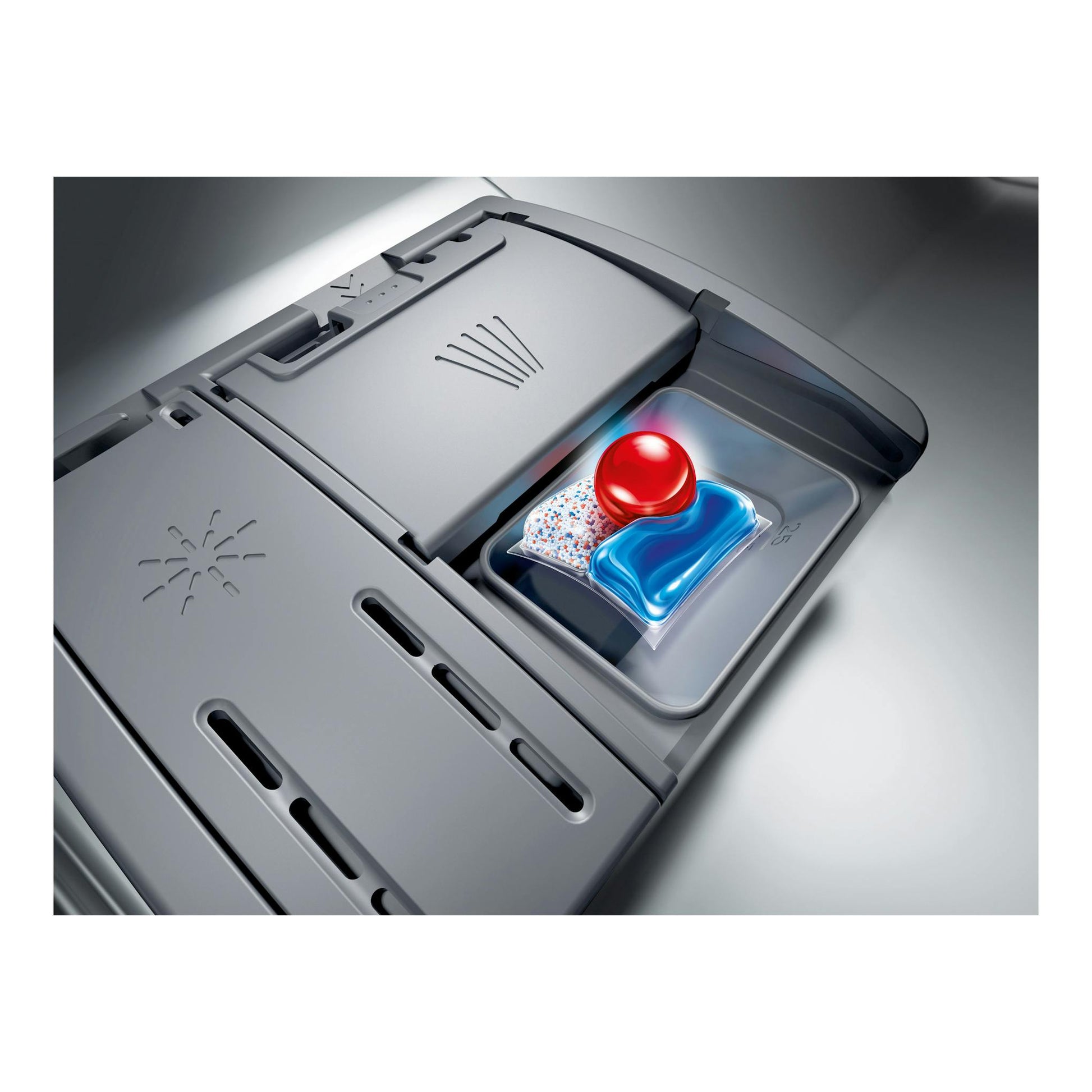Bosch SMS4ECI28E: compartimento del lavavajillas gris con pastilla de detergente y gel azul, vista cenital.