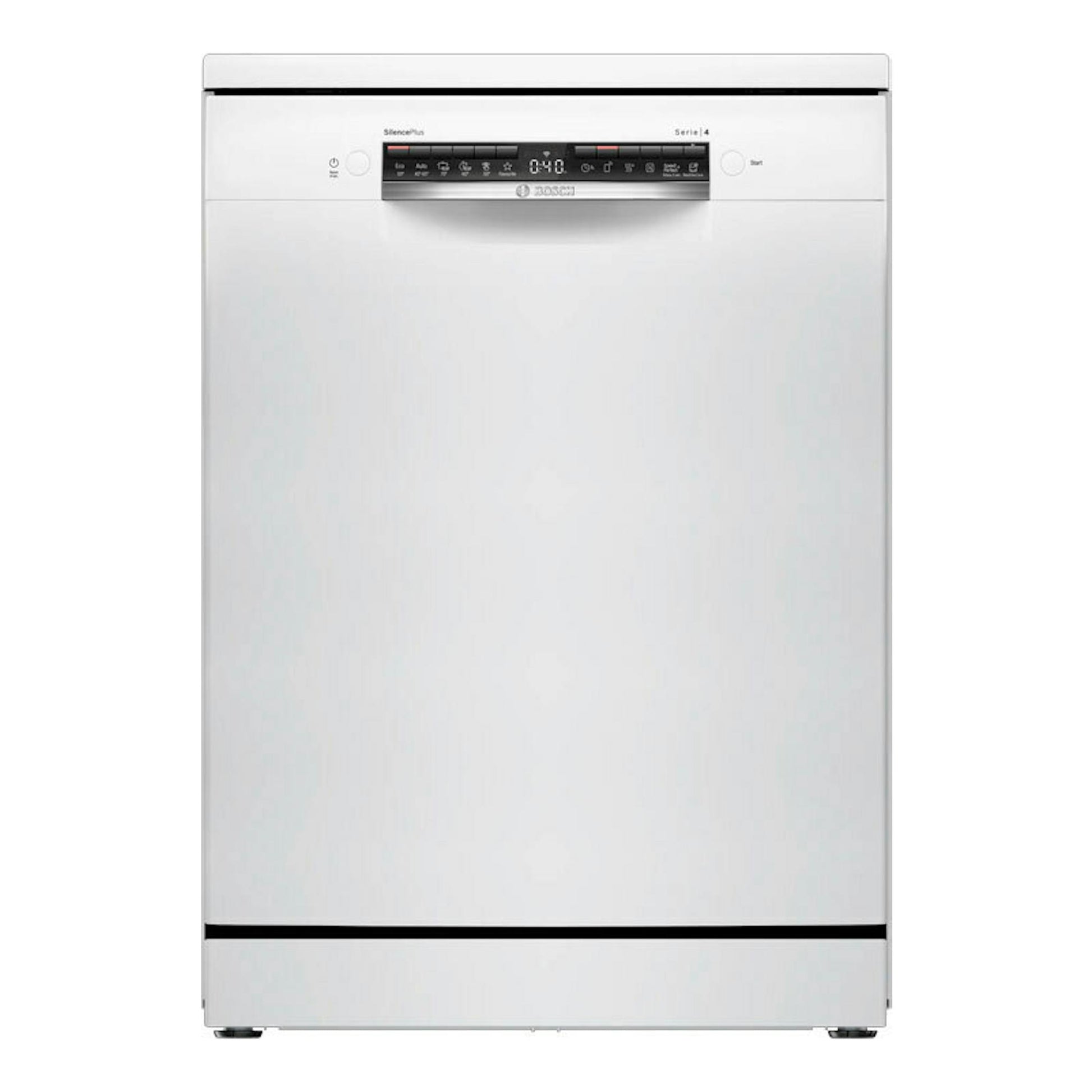Lavavajillas Bosch SMS4ECW28E de 60 cm, vista frontal, color blanco, panel de control superior.