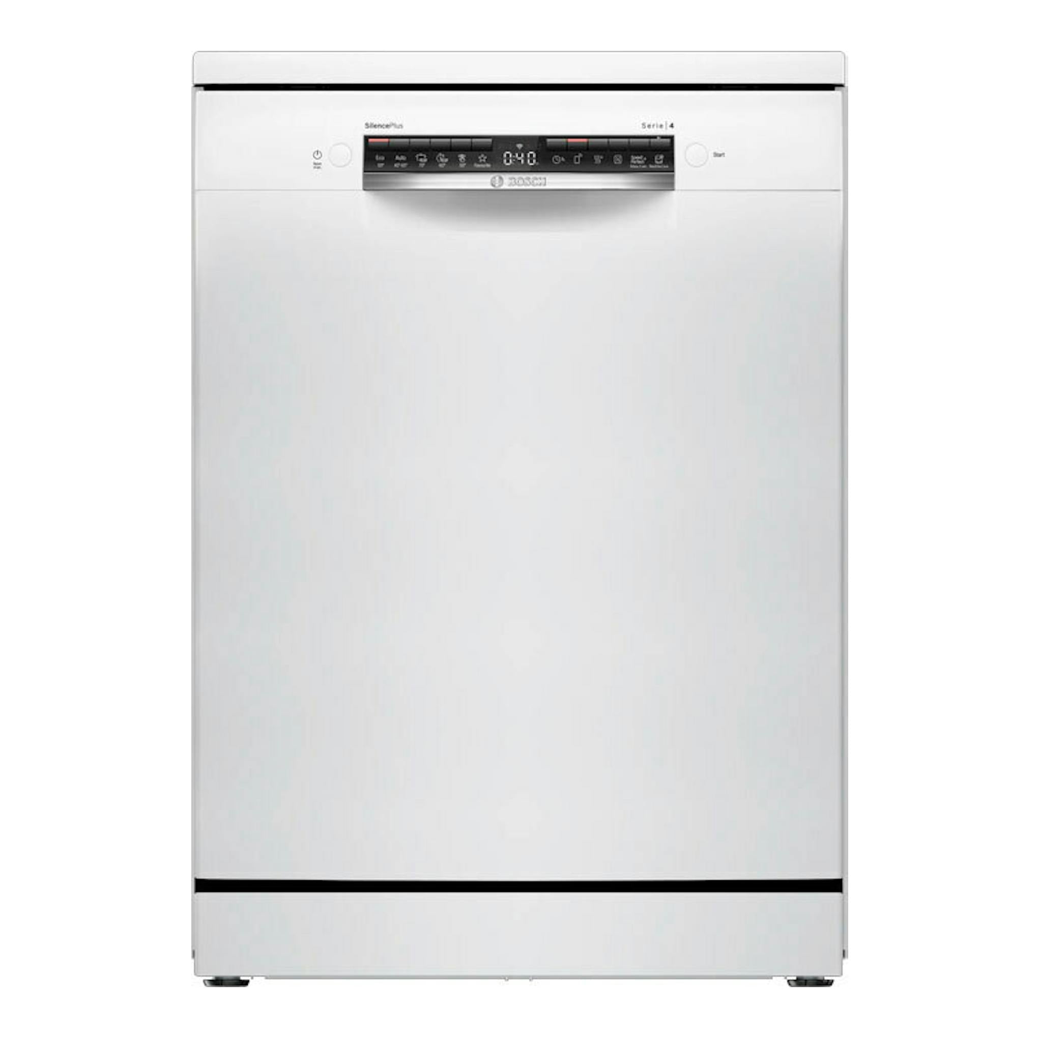 Lavavajillas Bosch SMS4ECW28E de 60 cm, vista frontal, color blanco, panel de control superior.
