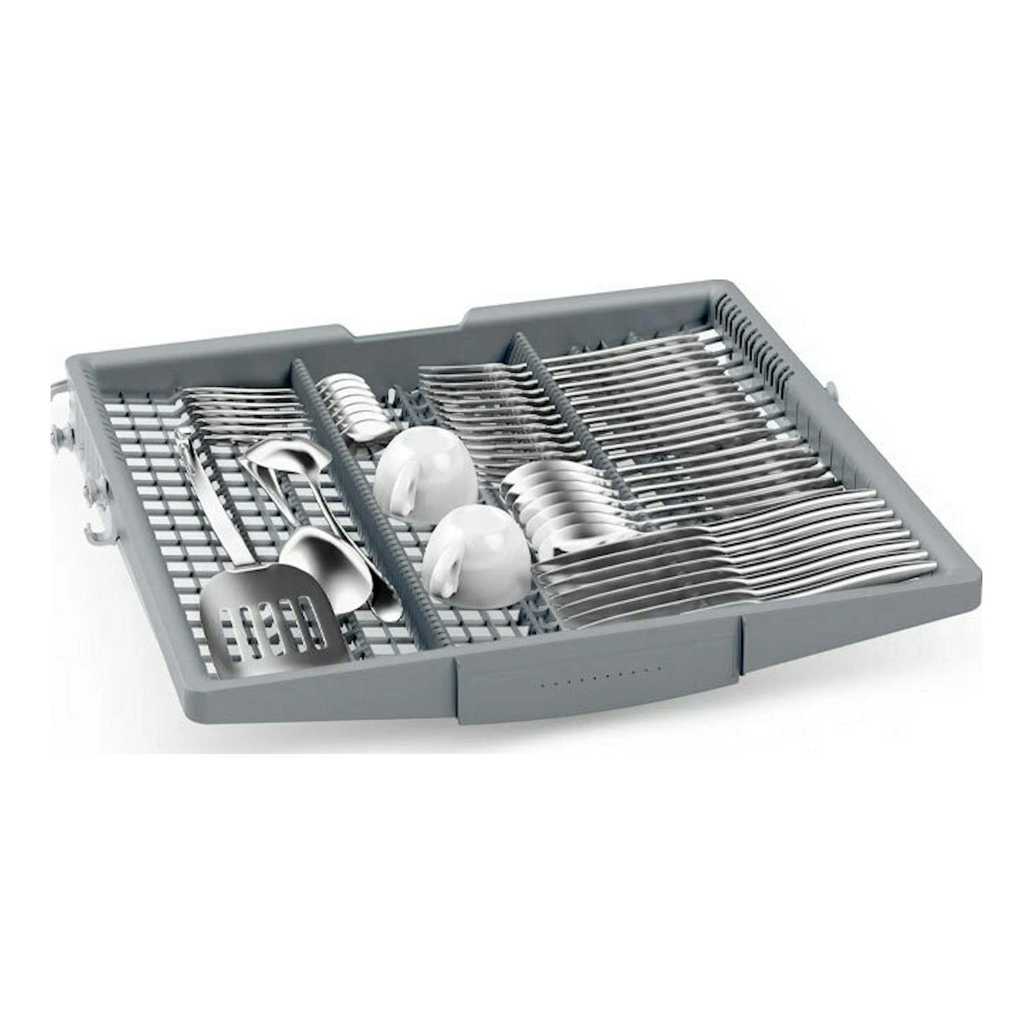 Bandeja gris para cubiertos y utensilios de lavavajillas Bosch SMS4ECW28E, vista en ángulo sobre fondo blanco.