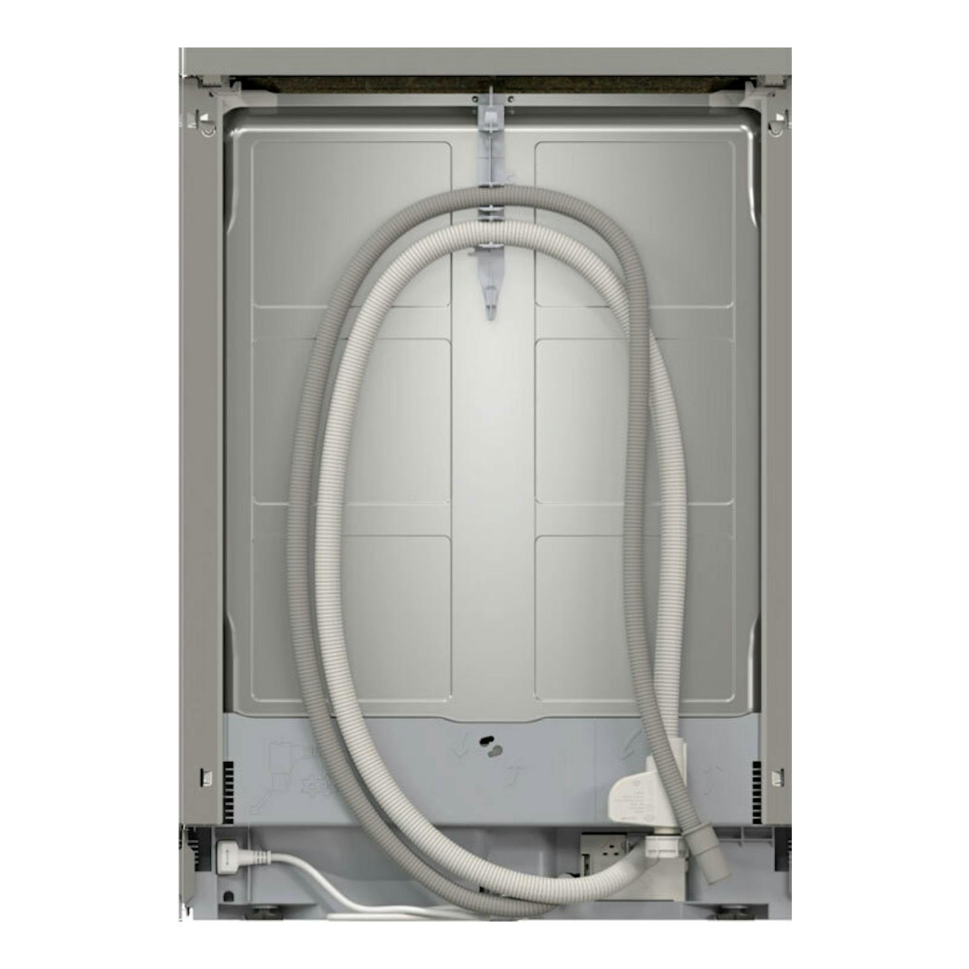 Lavavajillas Bosch SMS4EKI06E de 60 cm, vista trasera, panel gris con mangueras visibles.