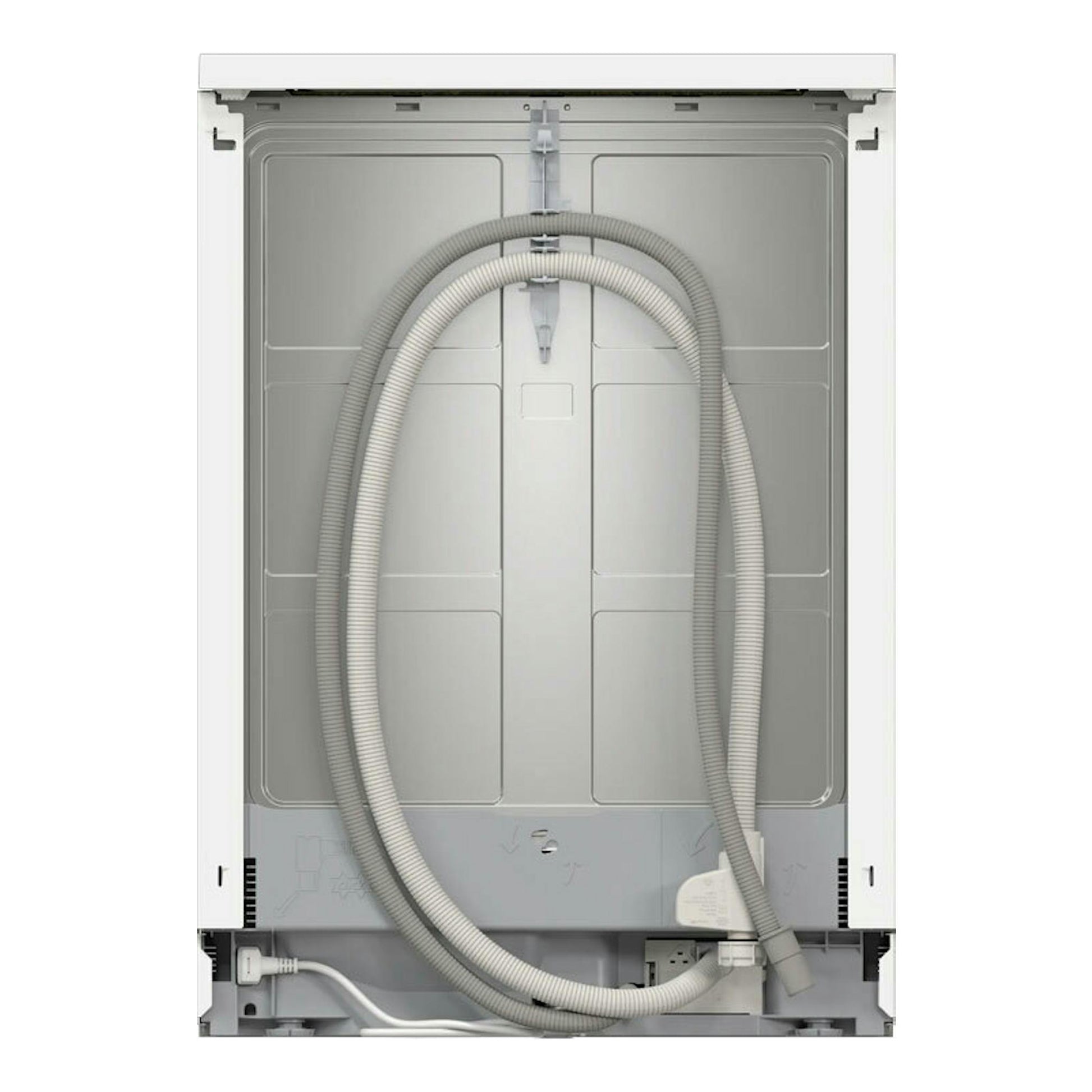 Lavavajillas Bosch SMS4HKW07E blanco, vista trasera con mangueras grises enrolladas.
