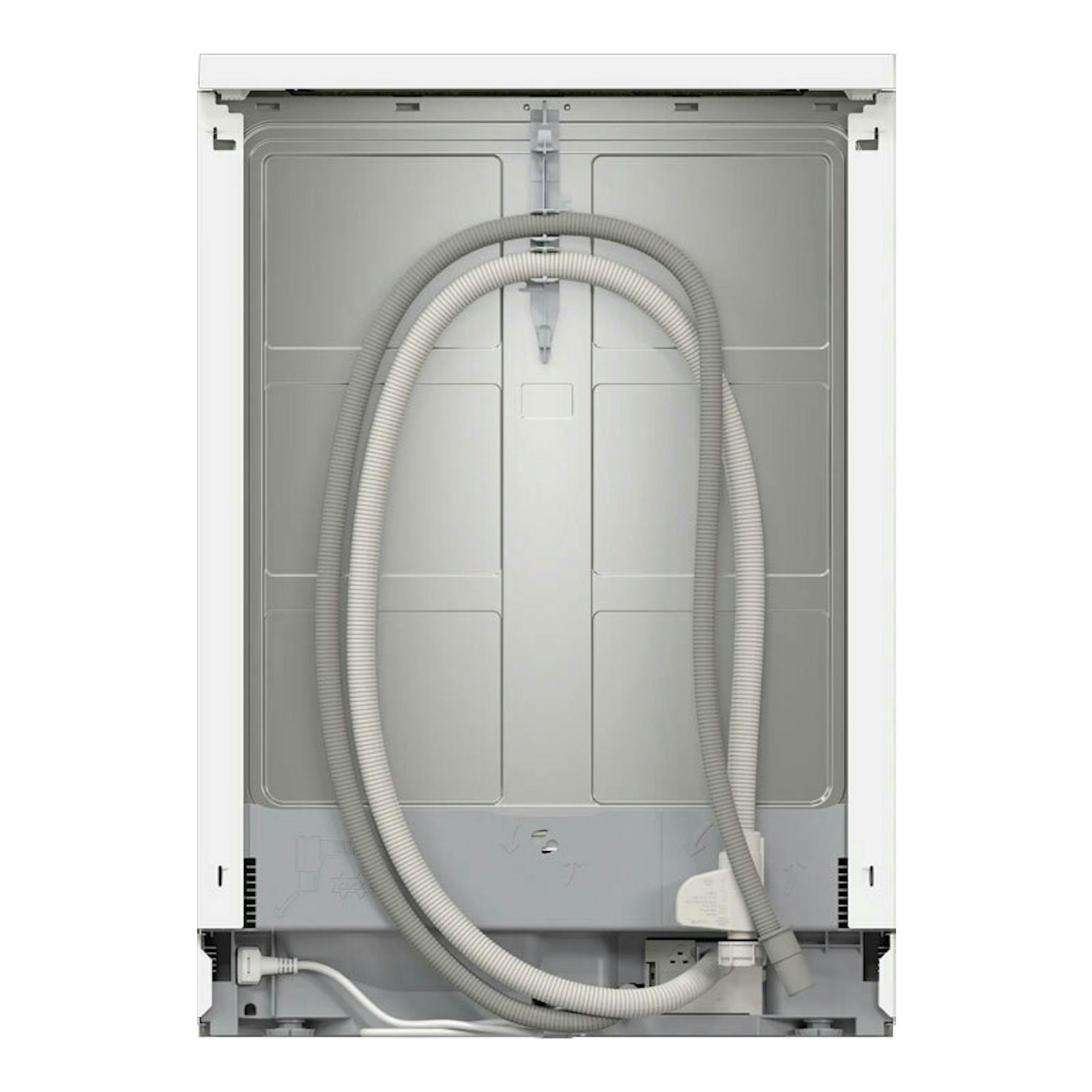 Lavavajillas Bosch SMS4HKW07E blanco, vista trasera con mangueras grises enrolladas.