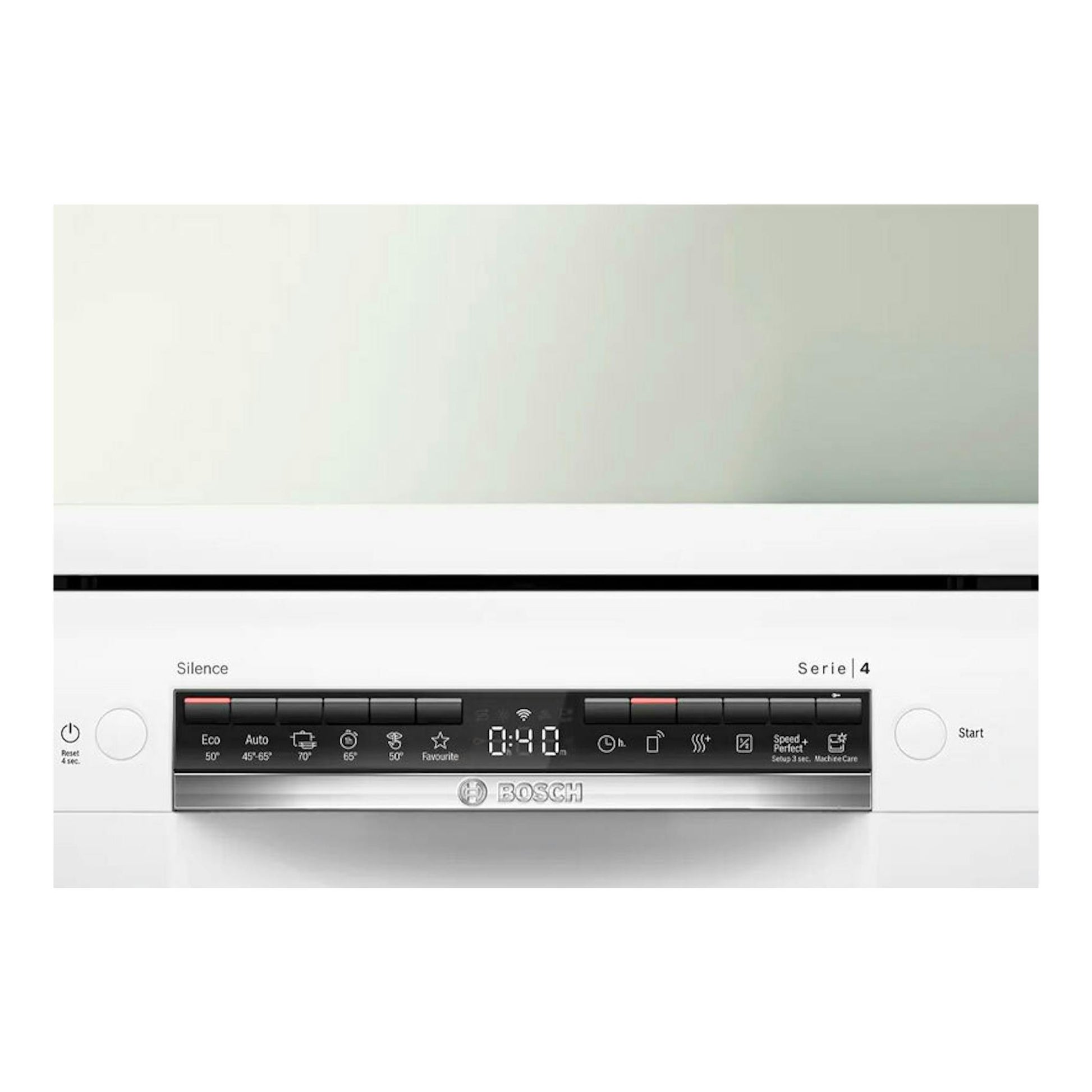 Lavavajillas Bosch SMS4HKW07E de 60 cm, vista frontal, acabado blanco con panel de control negro.