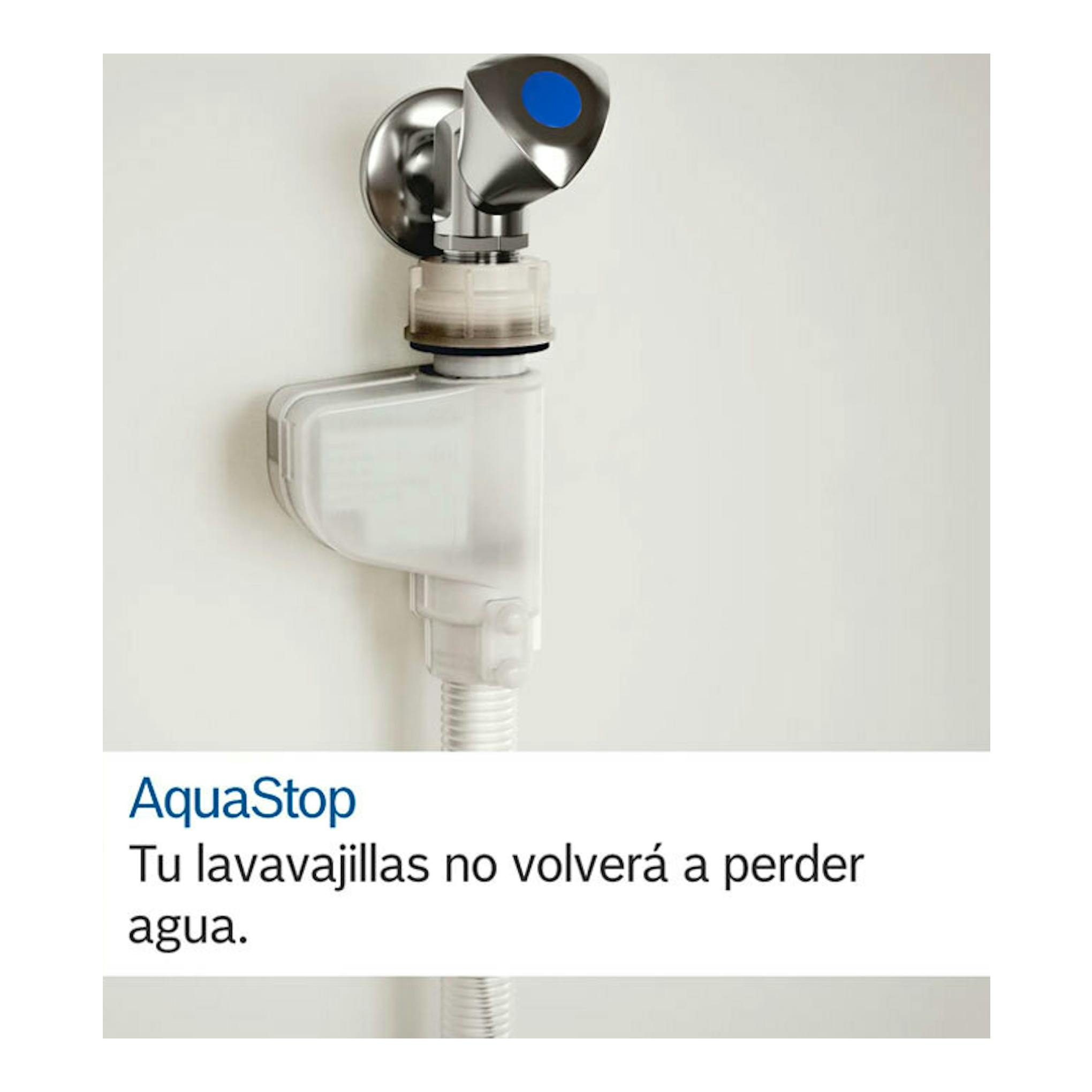 AquaStop de Bosch: válvula blanca montada en pared, vista frontal.