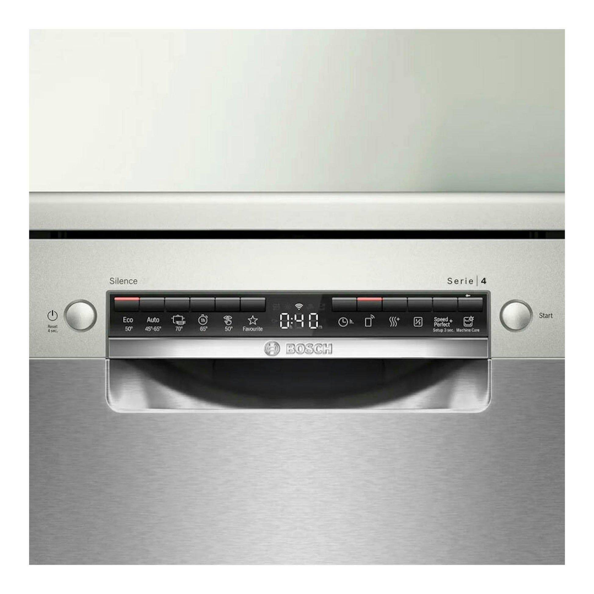 Lavavajillas Bosch SMS4HMI07E, vista frontal, acabado inox con panel de control digital.