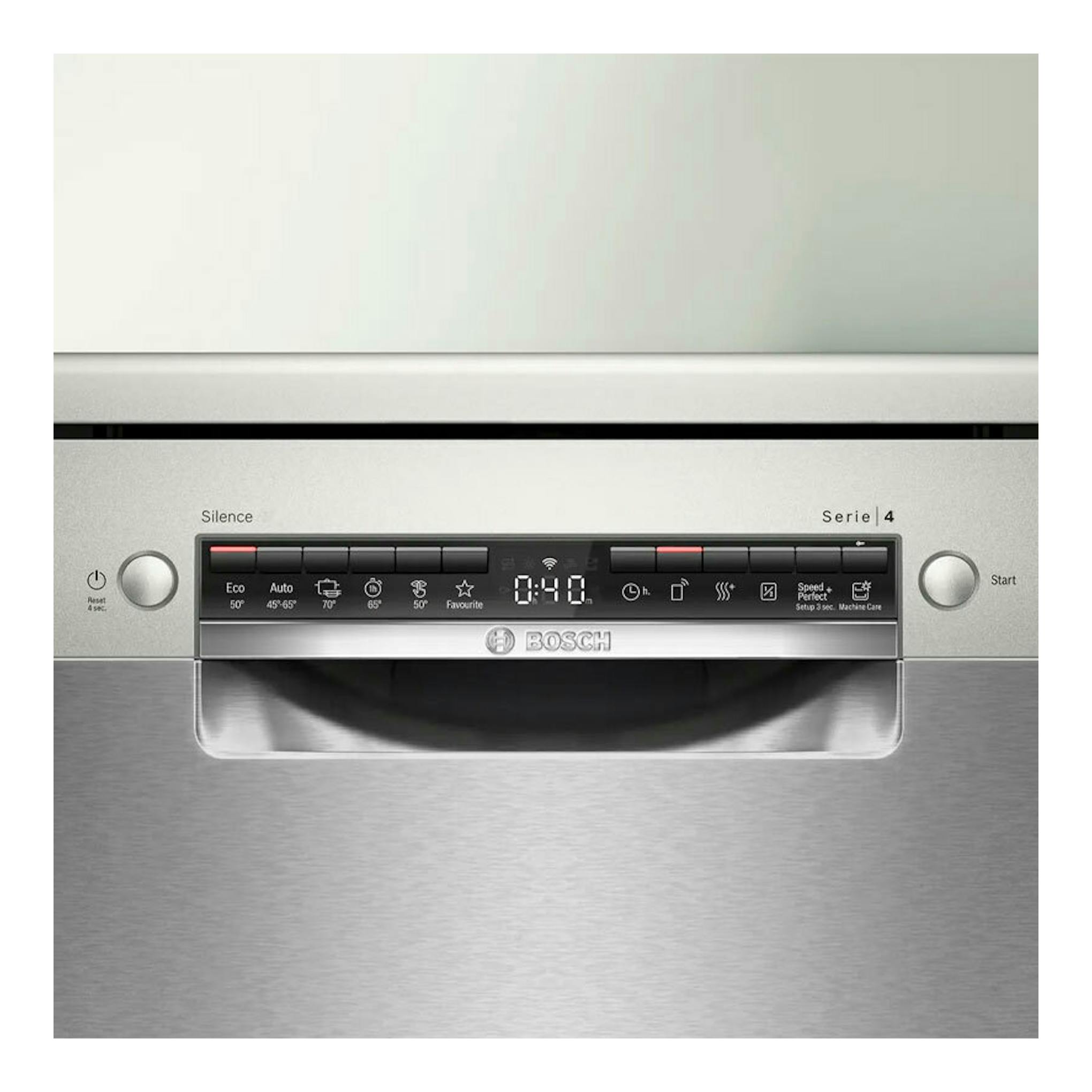 Lavavajillas Bosch SMS4HMI07E, vista frontal, acabado inox con panel de control digital.