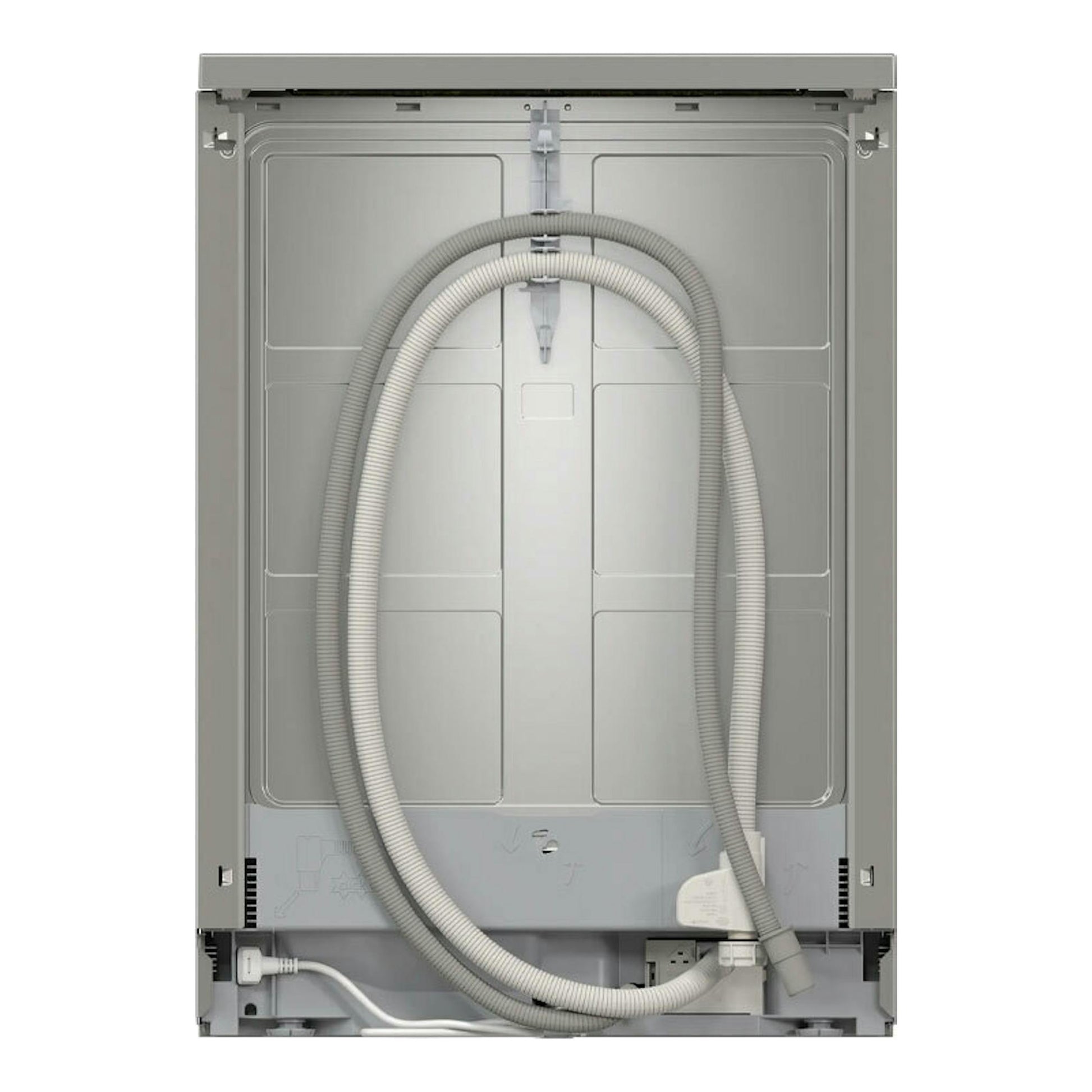 Lavavajillas Bosch SMS4HMI07E, vista trasera en gris, con mangueras y cable visibles.