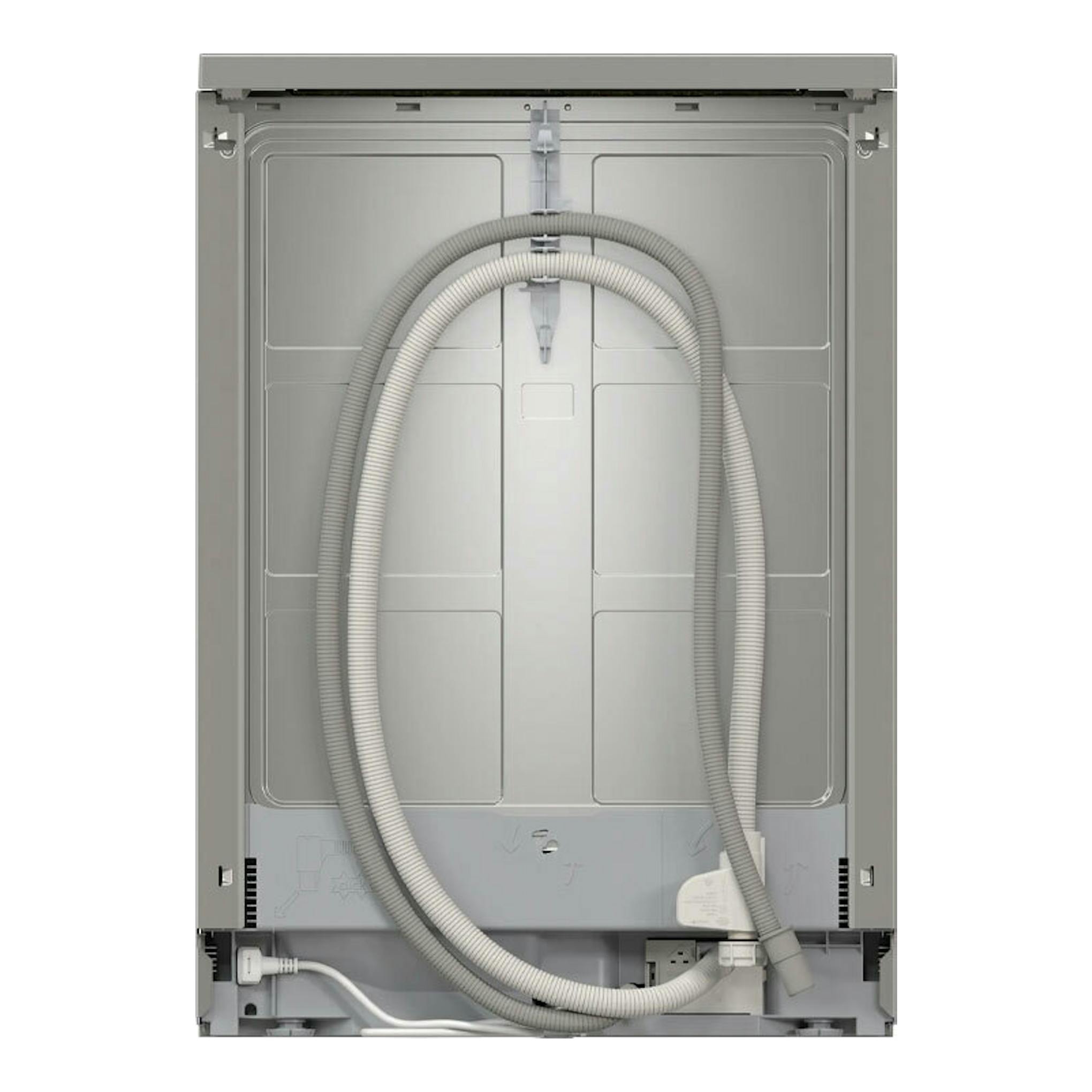 Lavavajillas Bosch SMS4HMI07E, vista trasera en gris, con mangueras y cable visibles.
