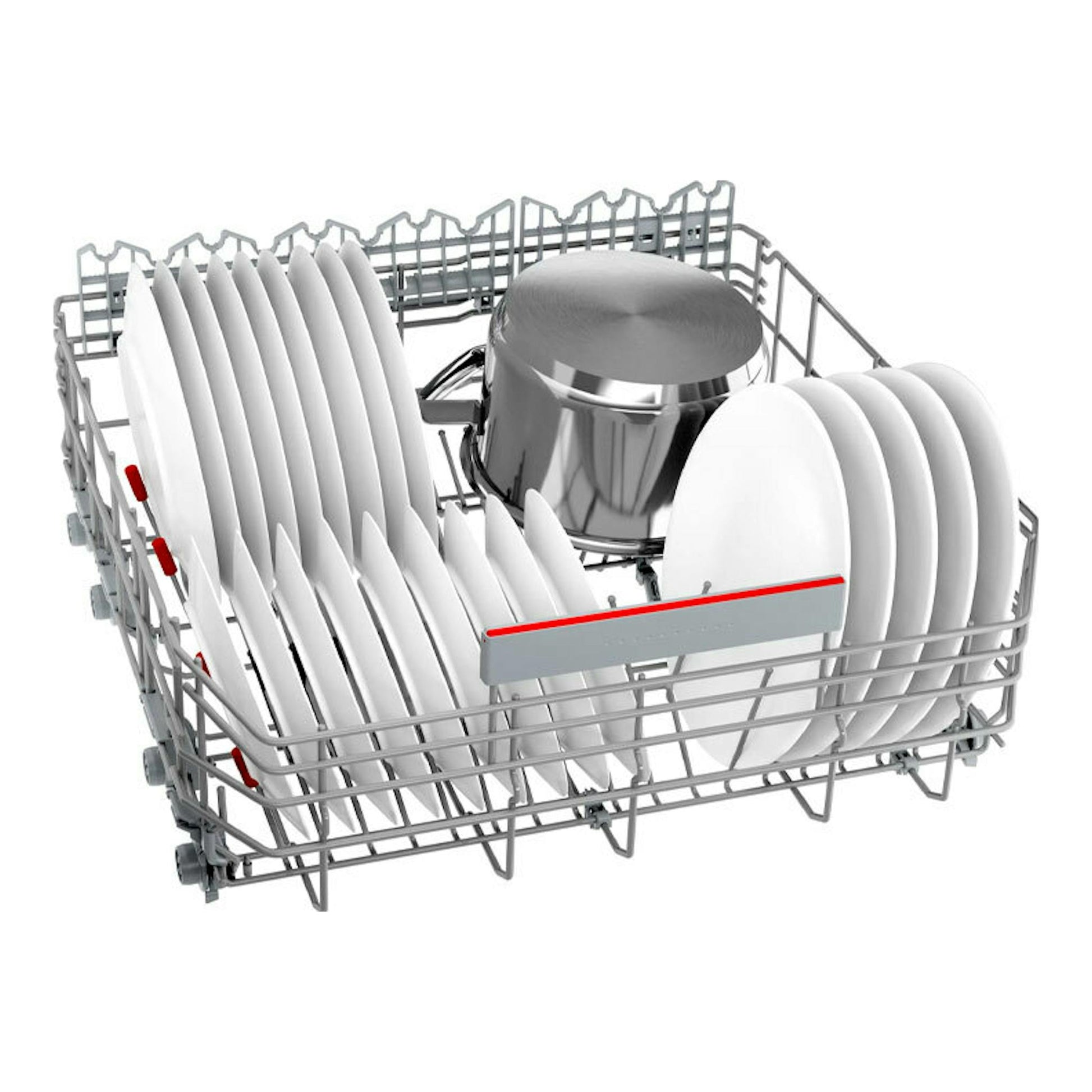 Bosch SMS6ECI15E: cesta inferior de lavavajillas con platos blancos y una olla metálica, vista en ángulo.