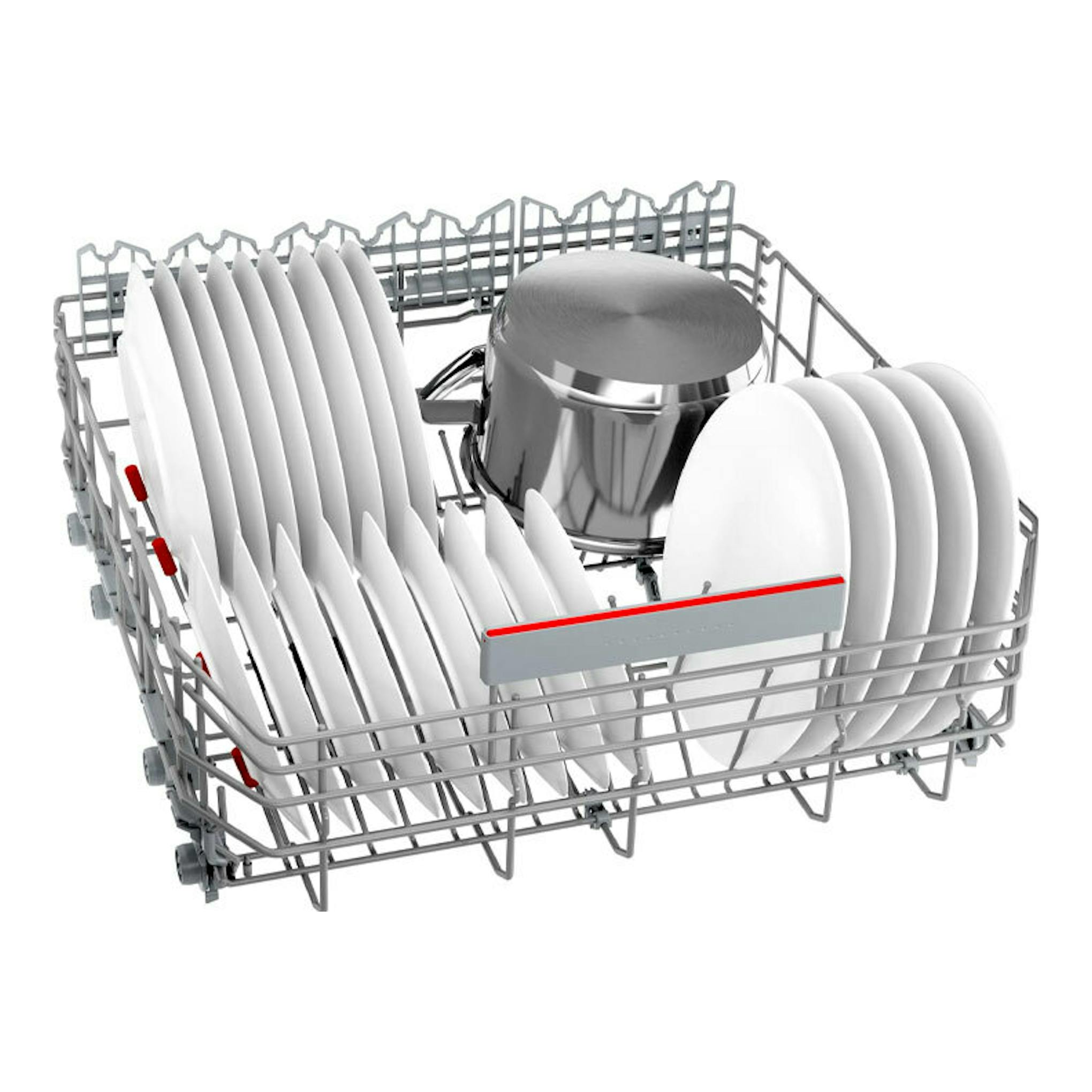 Bosch SMS6ECI15E: cesta inferior de lavavajillas con platos blancos y una olla metálica, vista en ángulo.