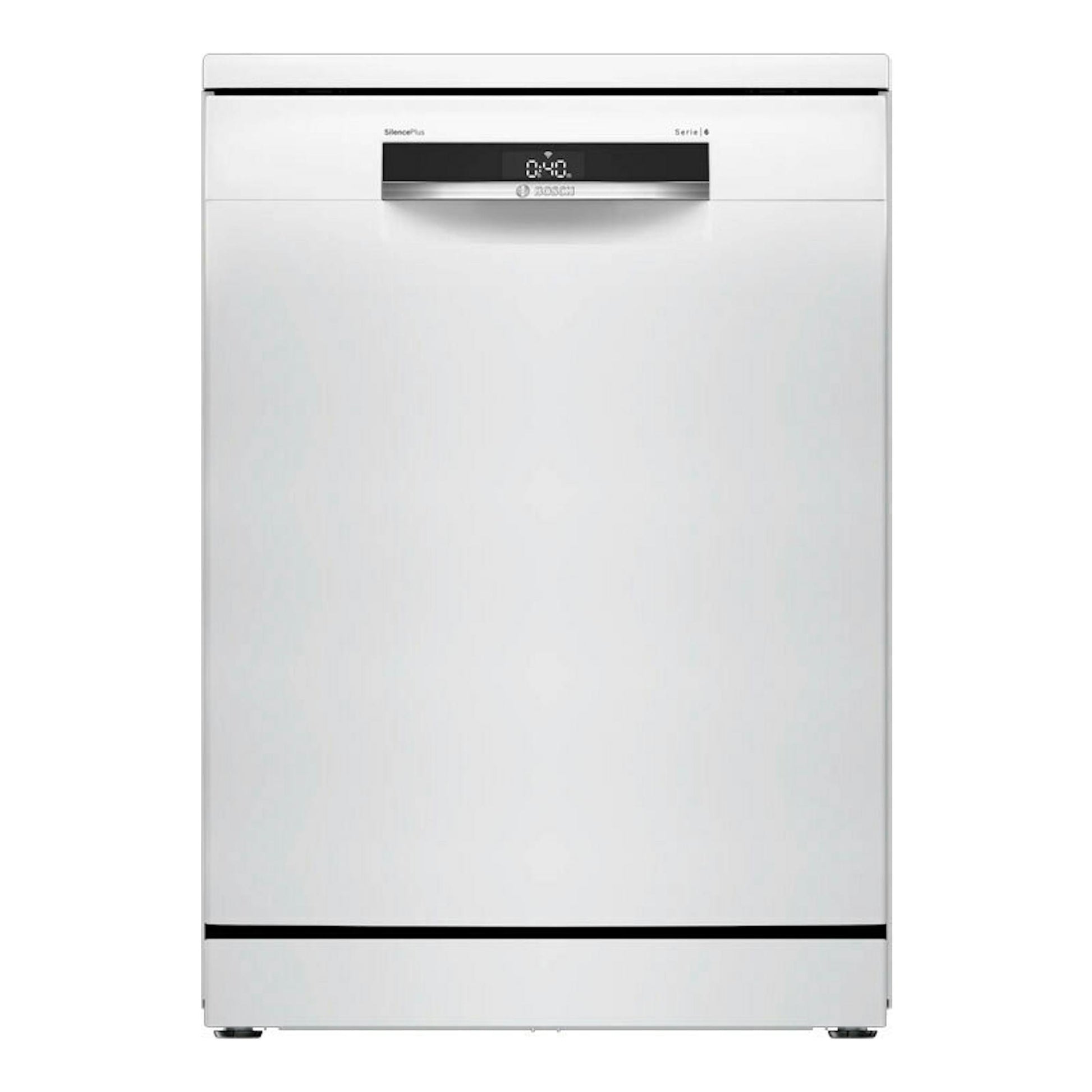 Lavavajillas Bosch SMS6ECW15E blanco, vista frontal, con panel de control superior y pantalla central.