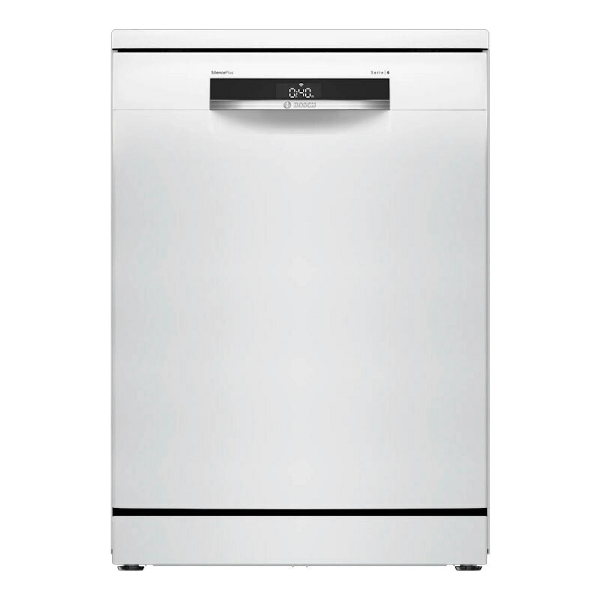 Lavavajillas Bosch SMS6ECW15E blanco, vista frontal, con panel de control superior y pantalla central.