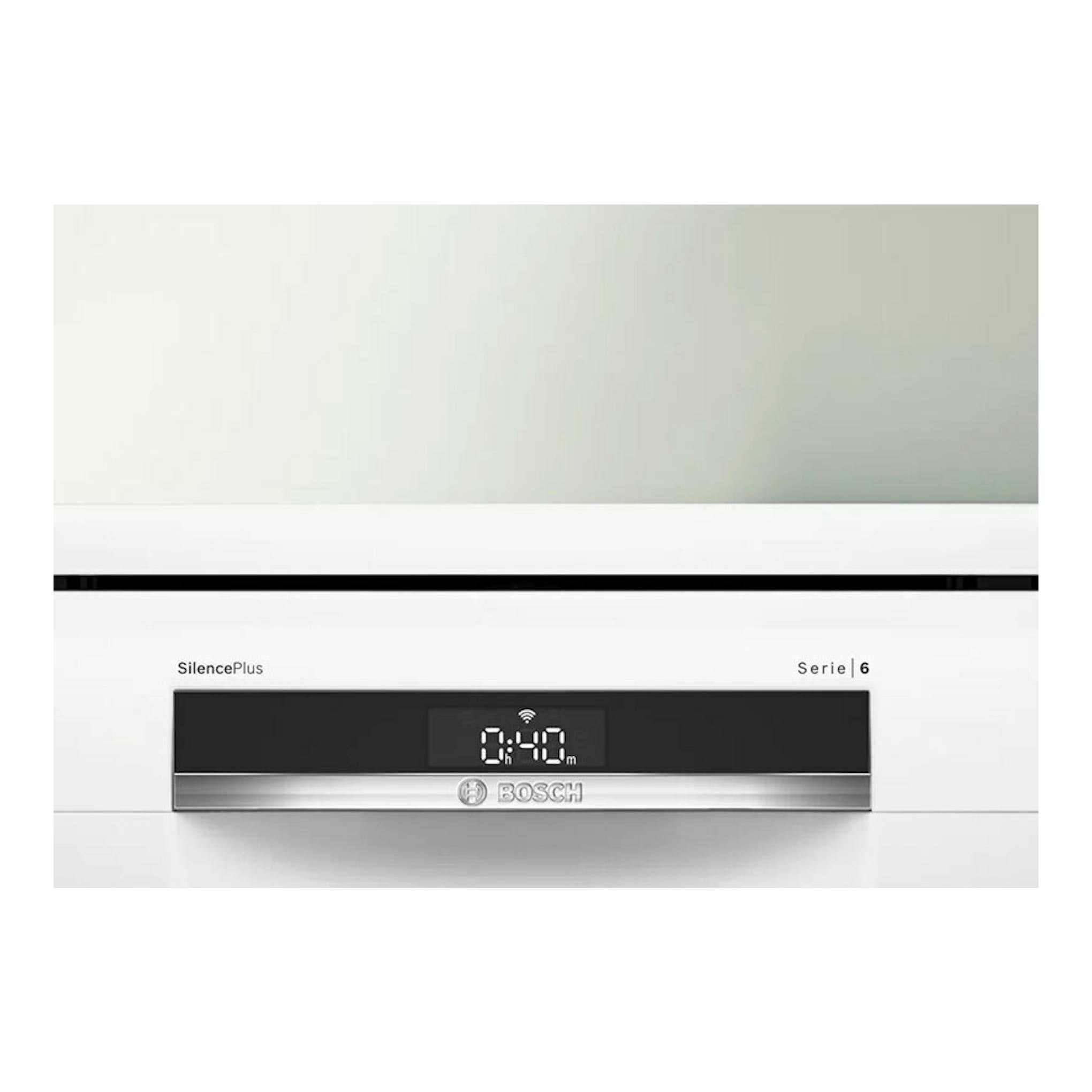 Lavavajillas Bosch SMS6ECW15E blanco, vista frontal, con panel negro y display digital.