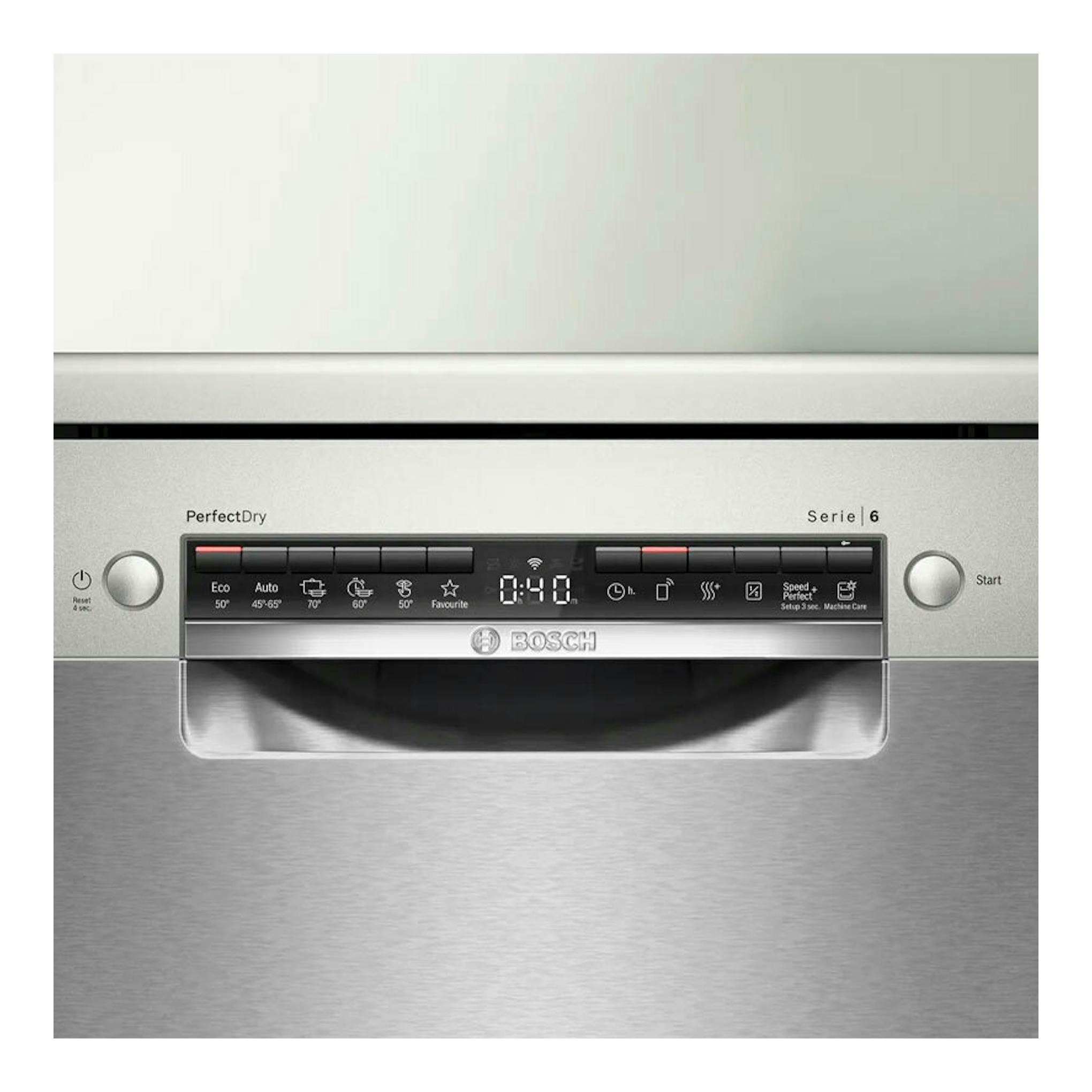 Lavavajillas Bosch Serie 6 SMS6ZCI10E en acero inoxidable, vista frontal del panel de control.