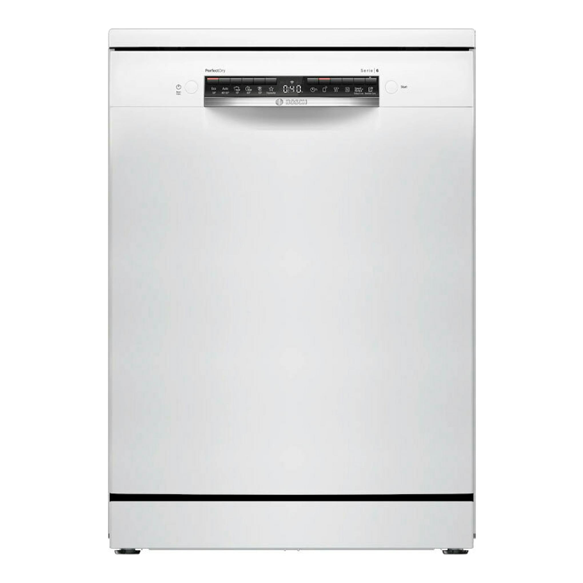 Lavavajillas Bosch SMS6ZCW10E blanco, vista frontal, con panel de control superior.