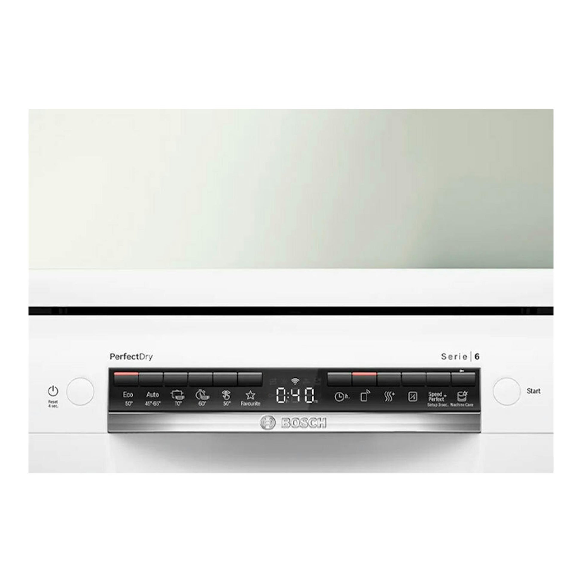 Lavavajillas Bosch SMS6ZCW10E blanco, vista frontal, con panel de control negro central y pantalla digital.