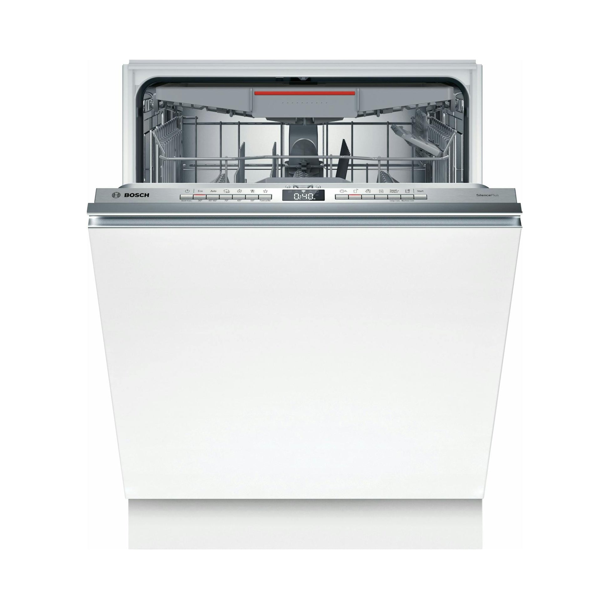 Lavavajillas Bosch SMV4ECX21E integrable, blanco, con puerta abierta y panel frontal visible