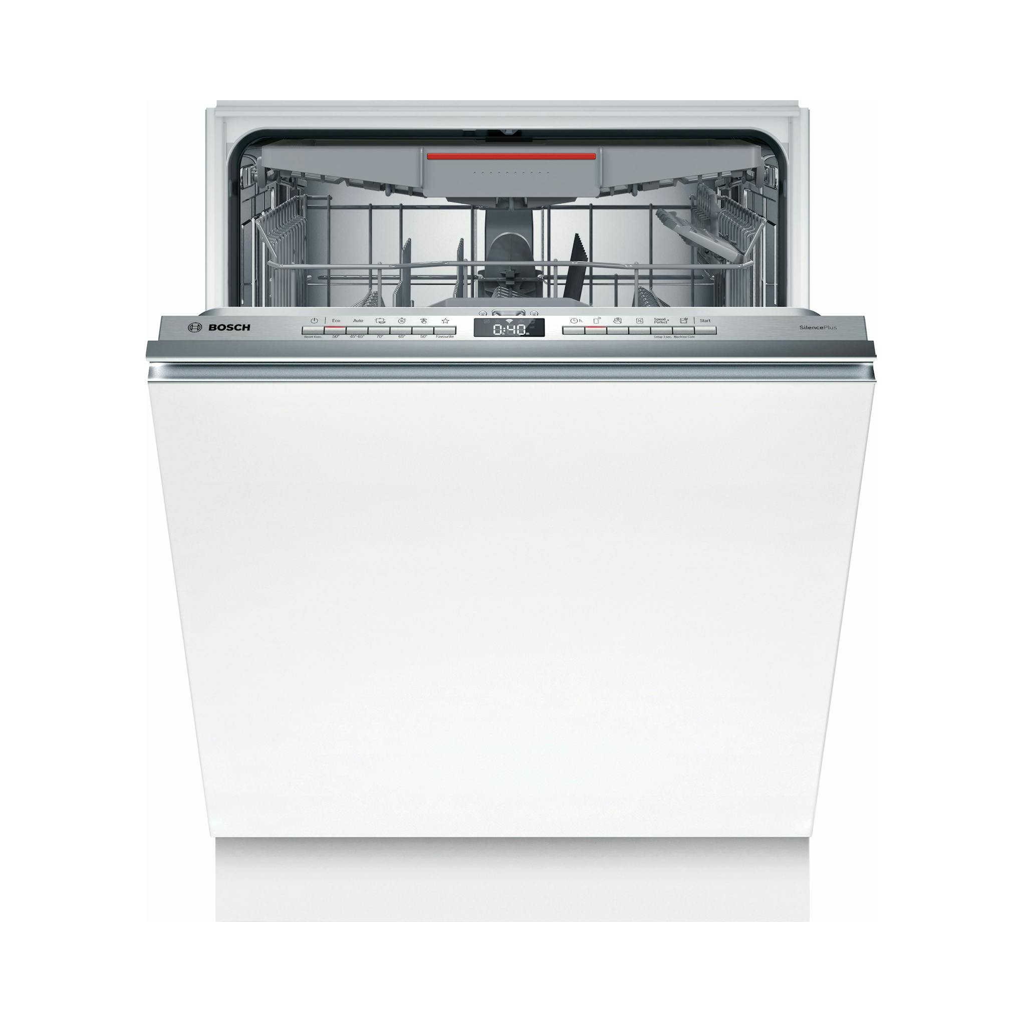 Lavavajillas Bosch SMV4ECX21E integrable, blanco, con puerta abierta y panel frontal visible