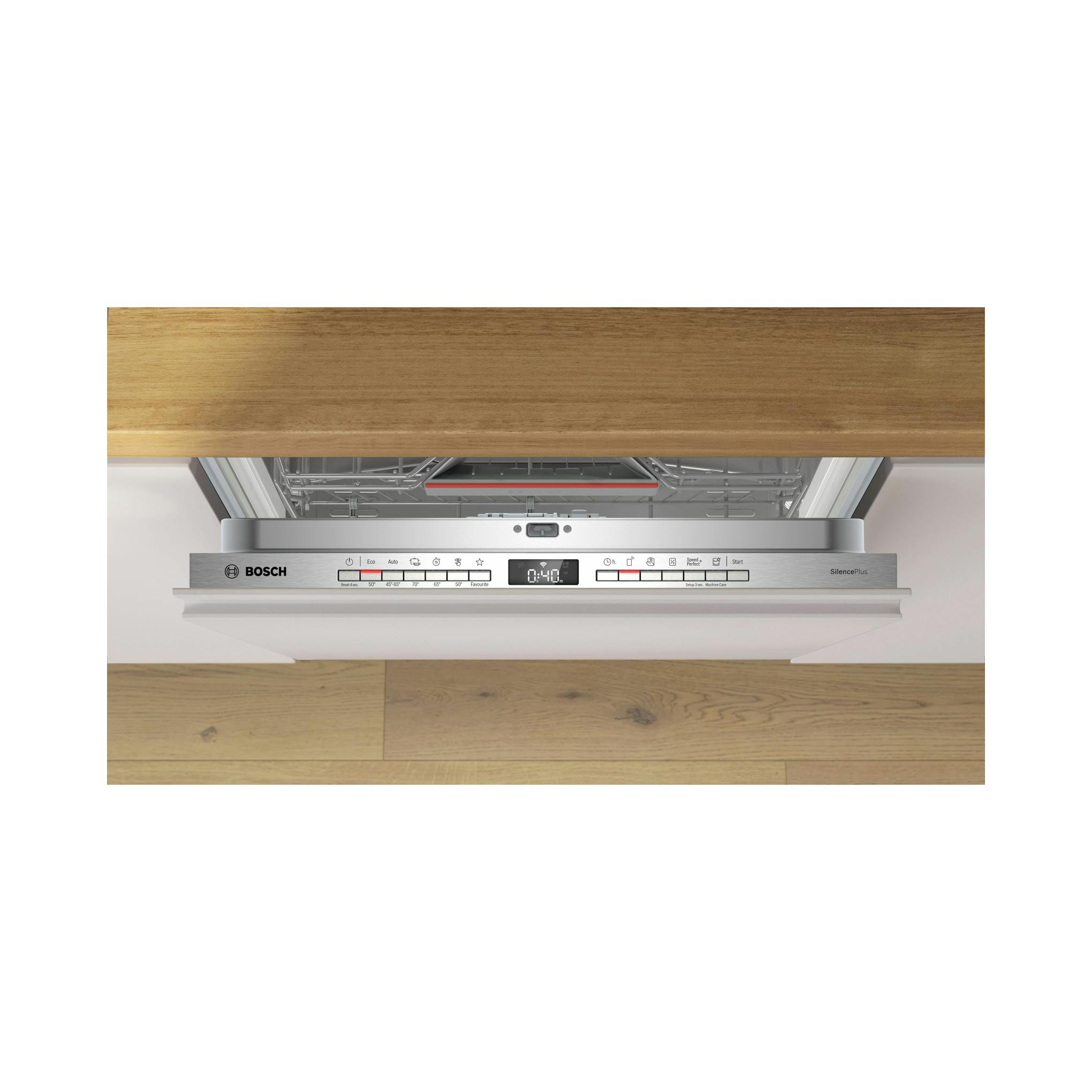 Lavavajillas Bosch SMV4ECX21E integrable abierto, con panel de control frontal y cesta interior visible.