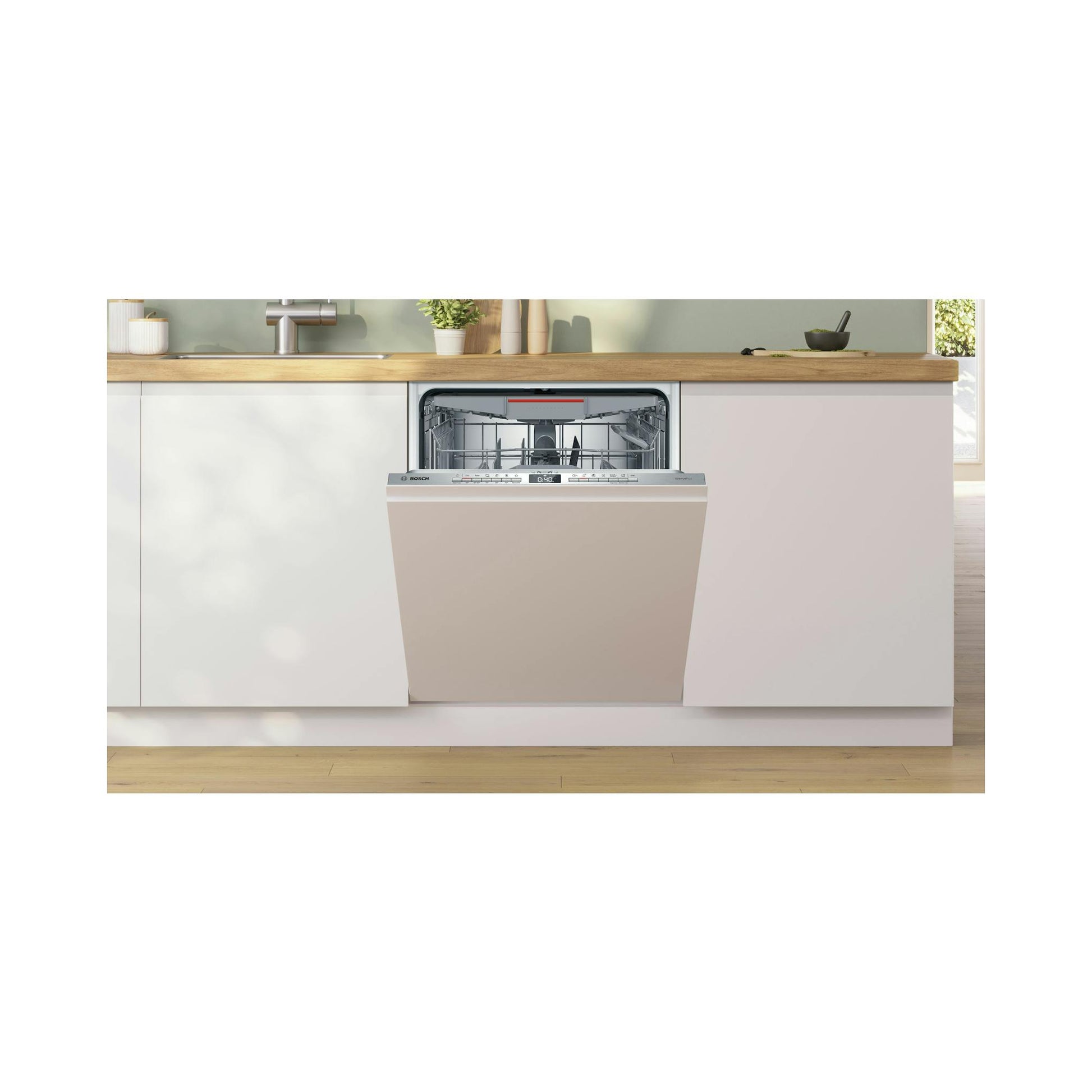 Lavavajillas integrable Bosch SMV4ECX21E, frontal abierto, en cocina moderna.
