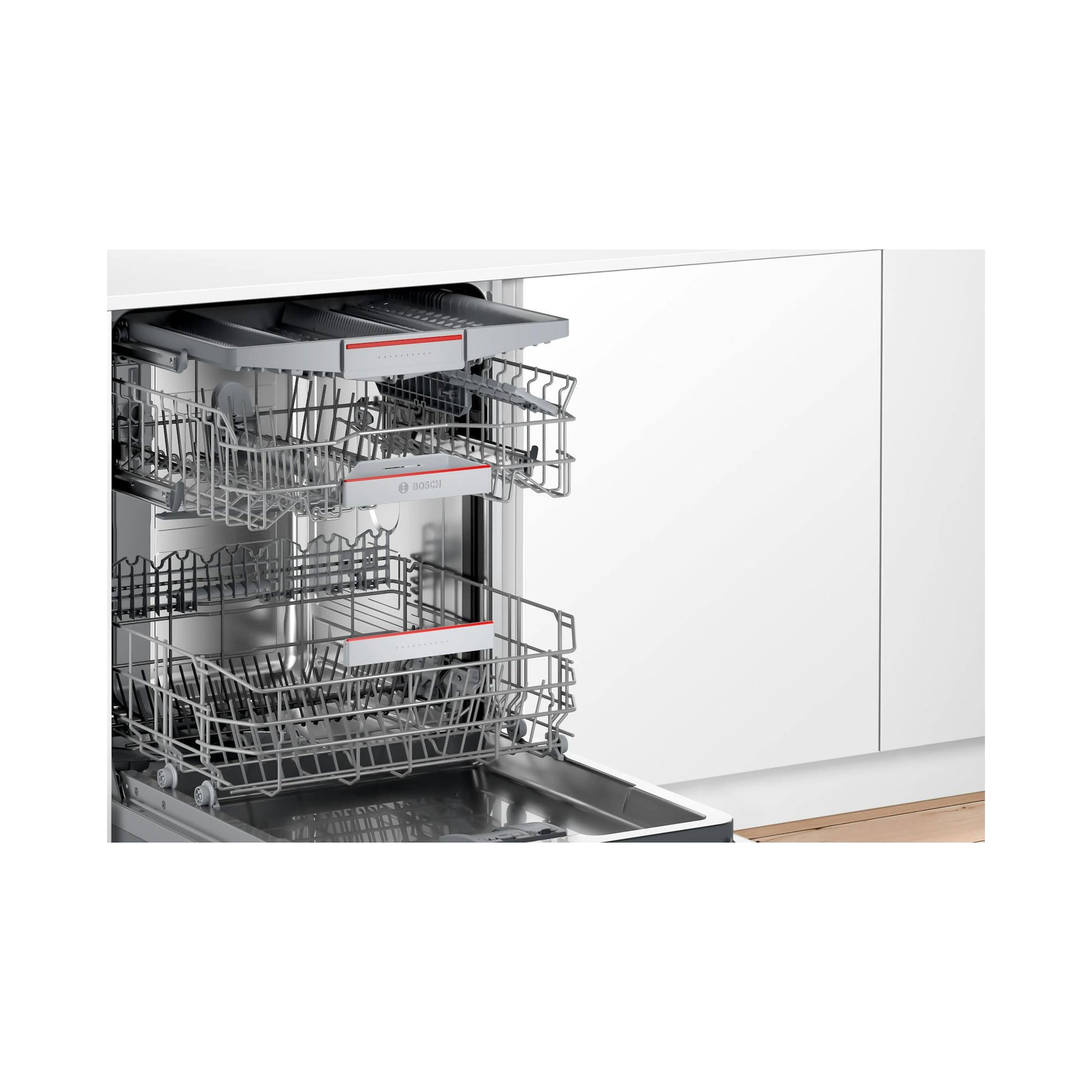 Lavavajillas Bosch SMV4ECX21E integrable, interior abierto con cestas, vista frontal.