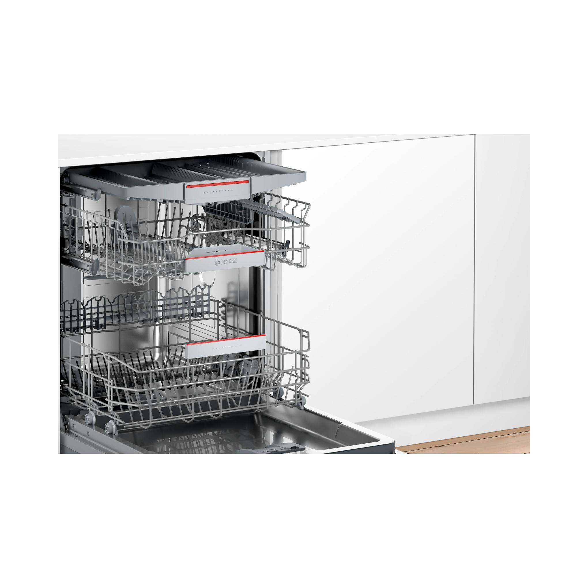 Lavavajillas Bosch SMV4ECX21E integrable, interior abierto con cestas, vista frontal.